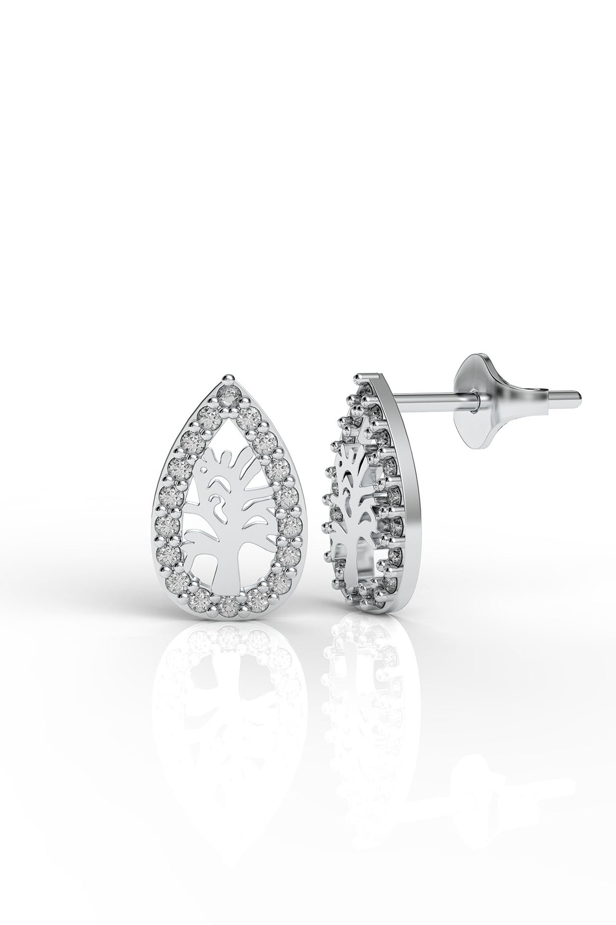 Rhodium Teardrop Tree of Life Zircon Studs in 925 sterling silver - view 4