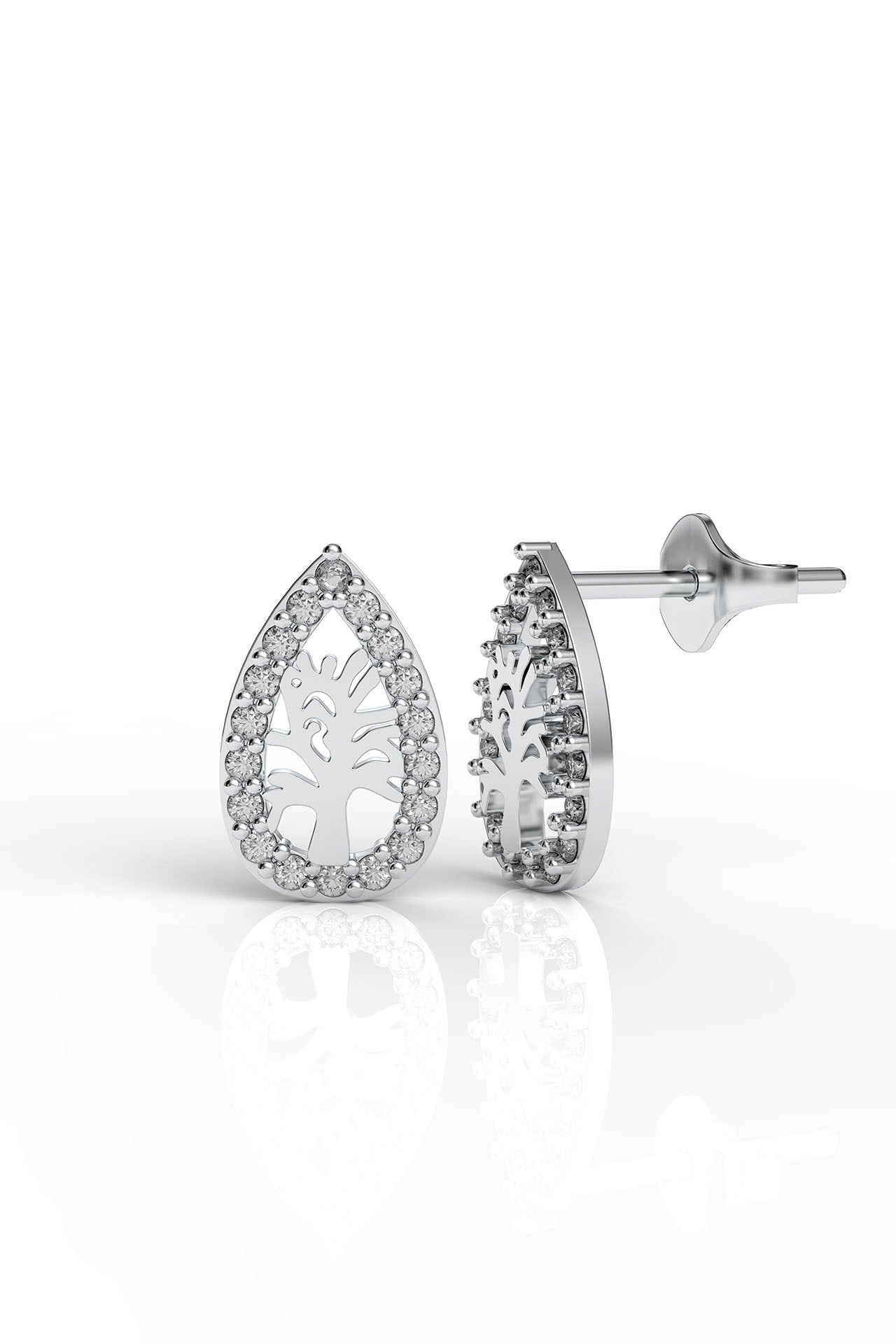 925 Sterling Silver Rhodium Plated Zircon Stone Teardrop Tree of Life Stud Earrings