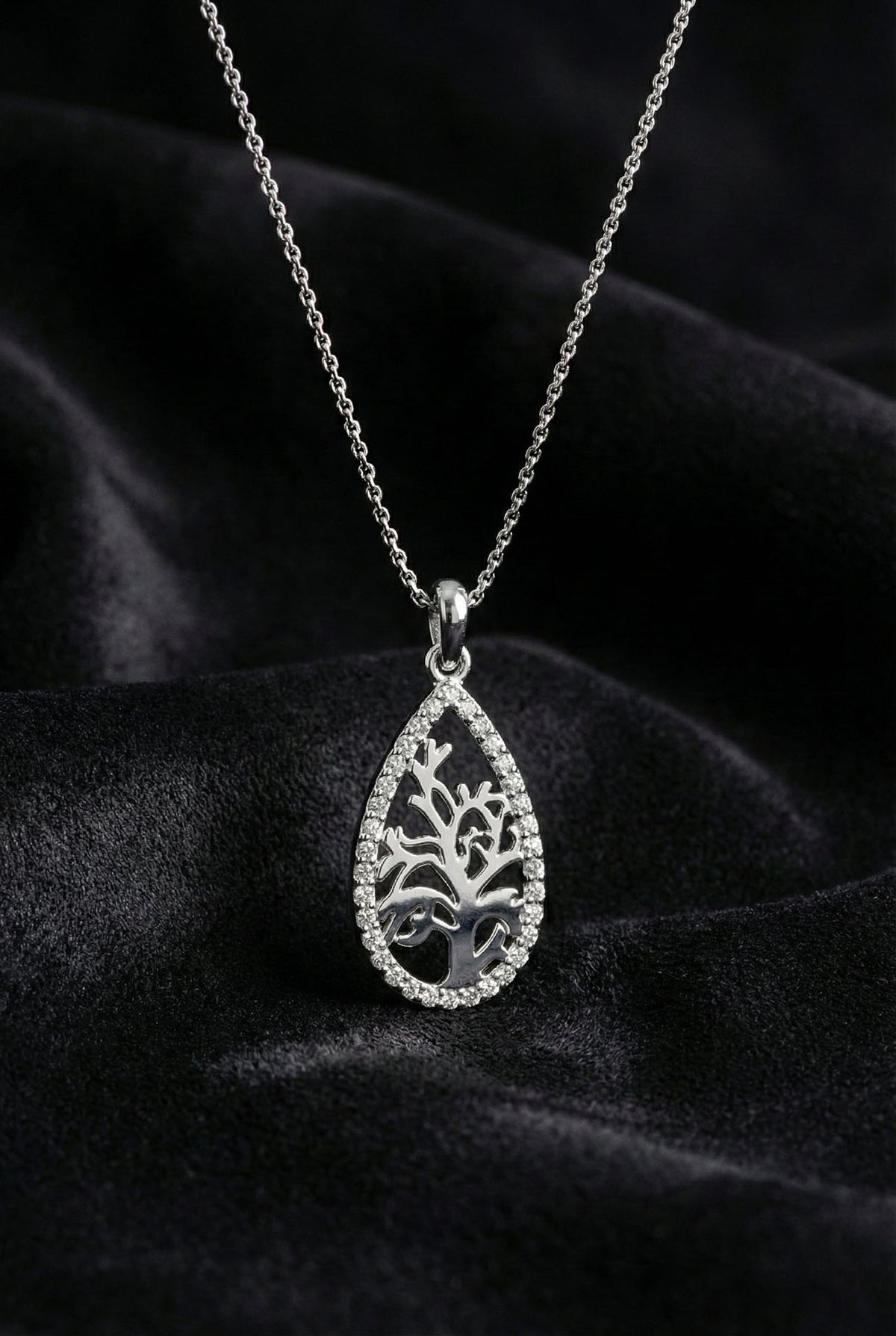 Rhodium Teardrop Tree of Life Zircon Necklace in 925 sterling silver