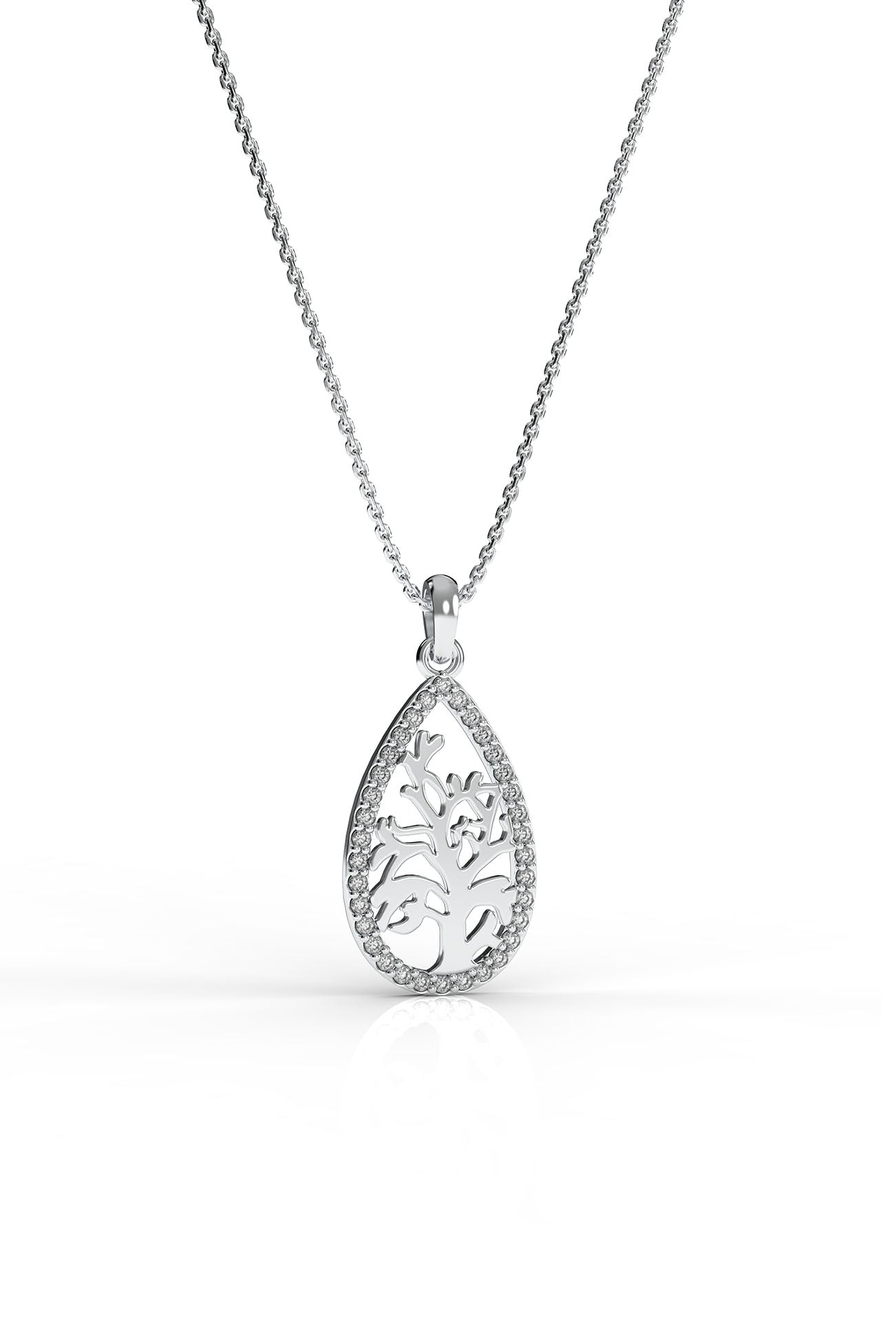 CZ Drop Tree of Life Necklace Rhodium Plated Silver