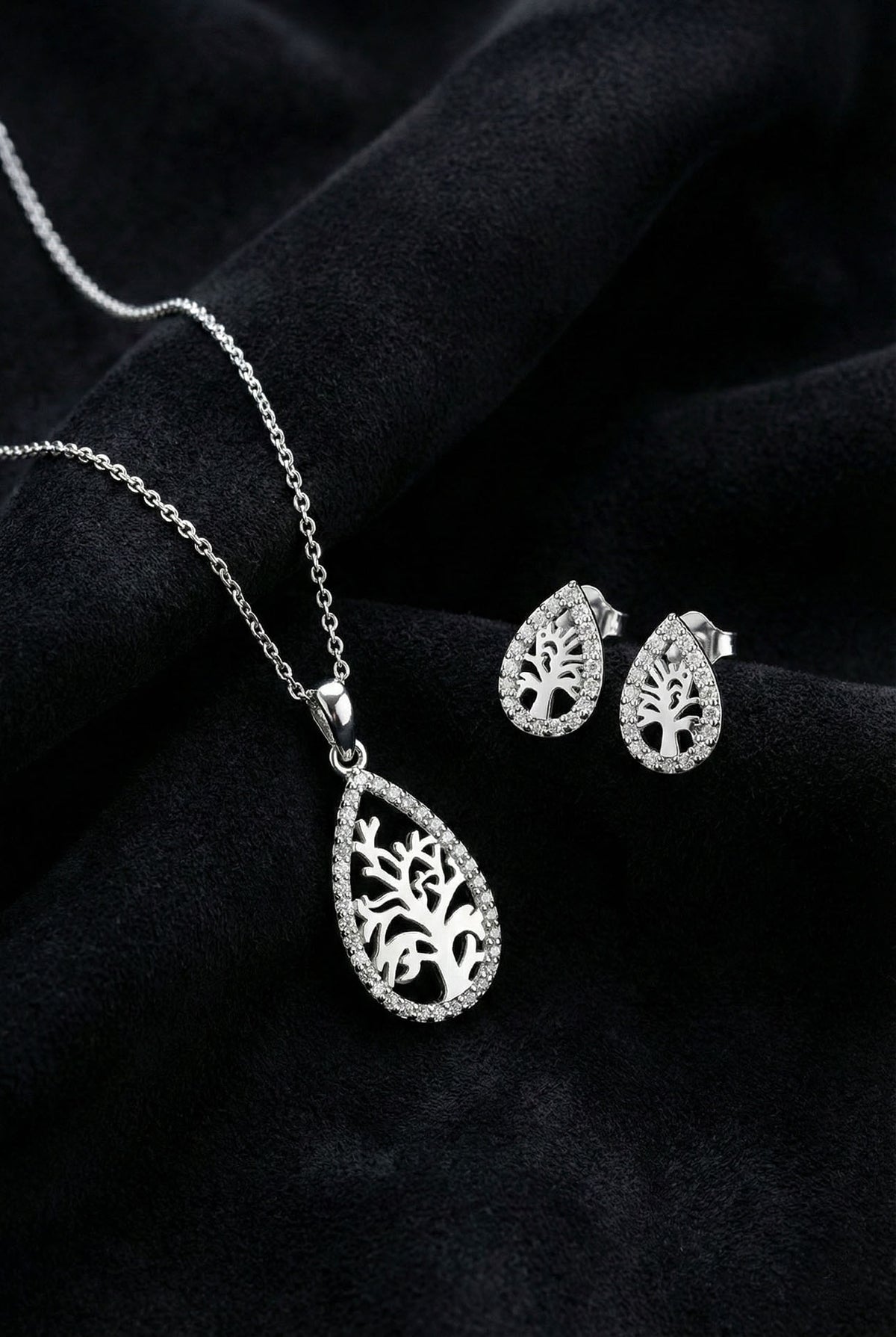 Zircon Teardrop Tree of Life Necklace & Earrings Set in 925 sterling silver