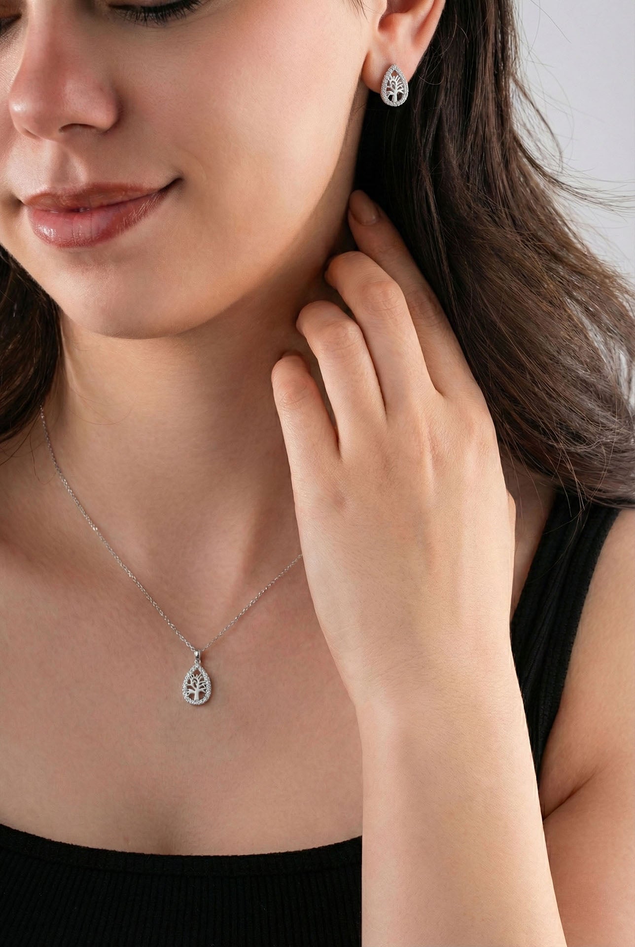 CZ Drop Tree of Life Necklace & Earrings Set Rhodium Plated Silver