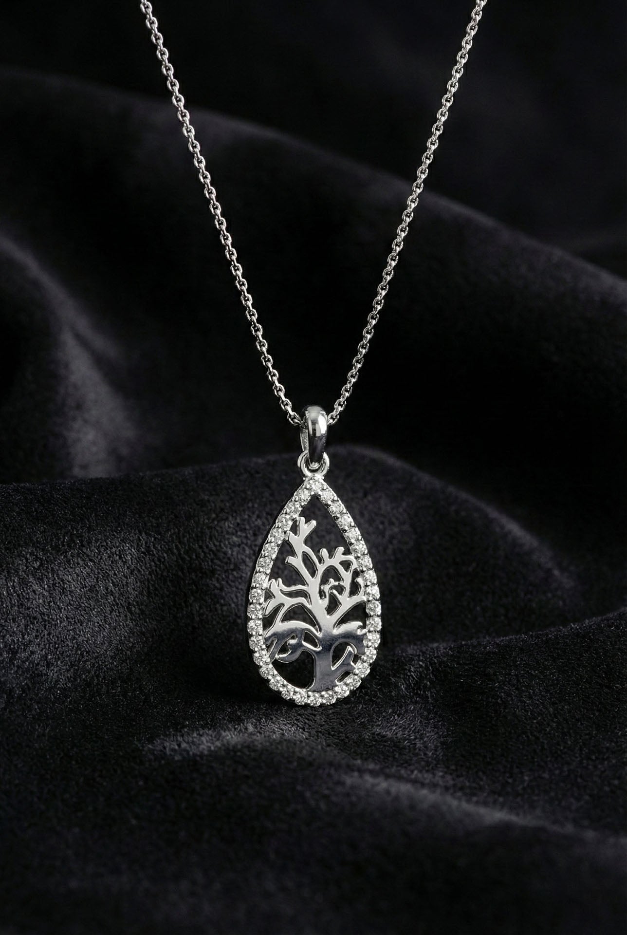 CZ Drop Tree of Life Necklace & Earrings Set Rhodium Plated Silver