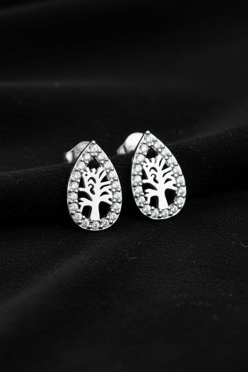 CZ Drop Tree of Life Necklace & Earrings Set Rhodium Plated Silver
