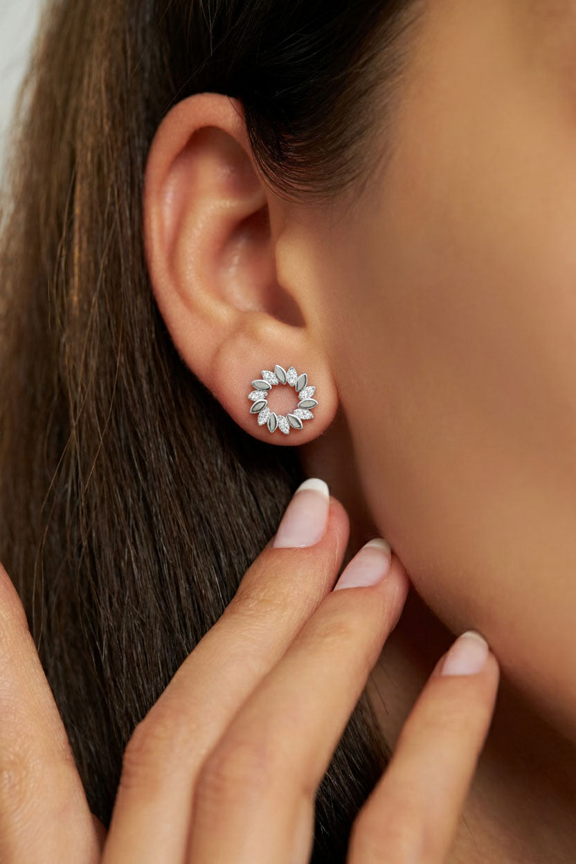 CZ Laurel Leaf Wreath Stud Earrings Rhodium Plated Silver