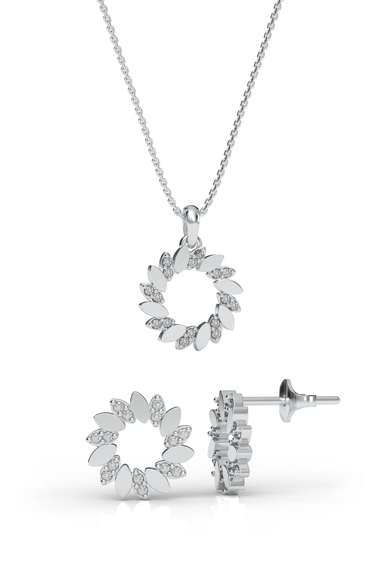 CZ Laurel Leaf Wreath Necklace & Earrings Set Rhodium Plated Silver