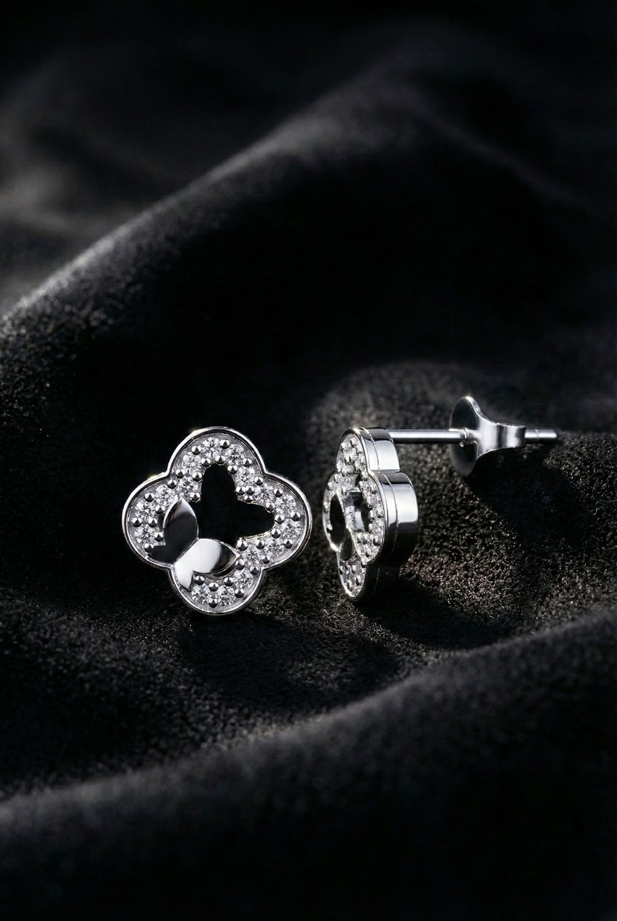 Rhodium Clover Butterfly Cutout Zircon Studs in 925 sterling silver
