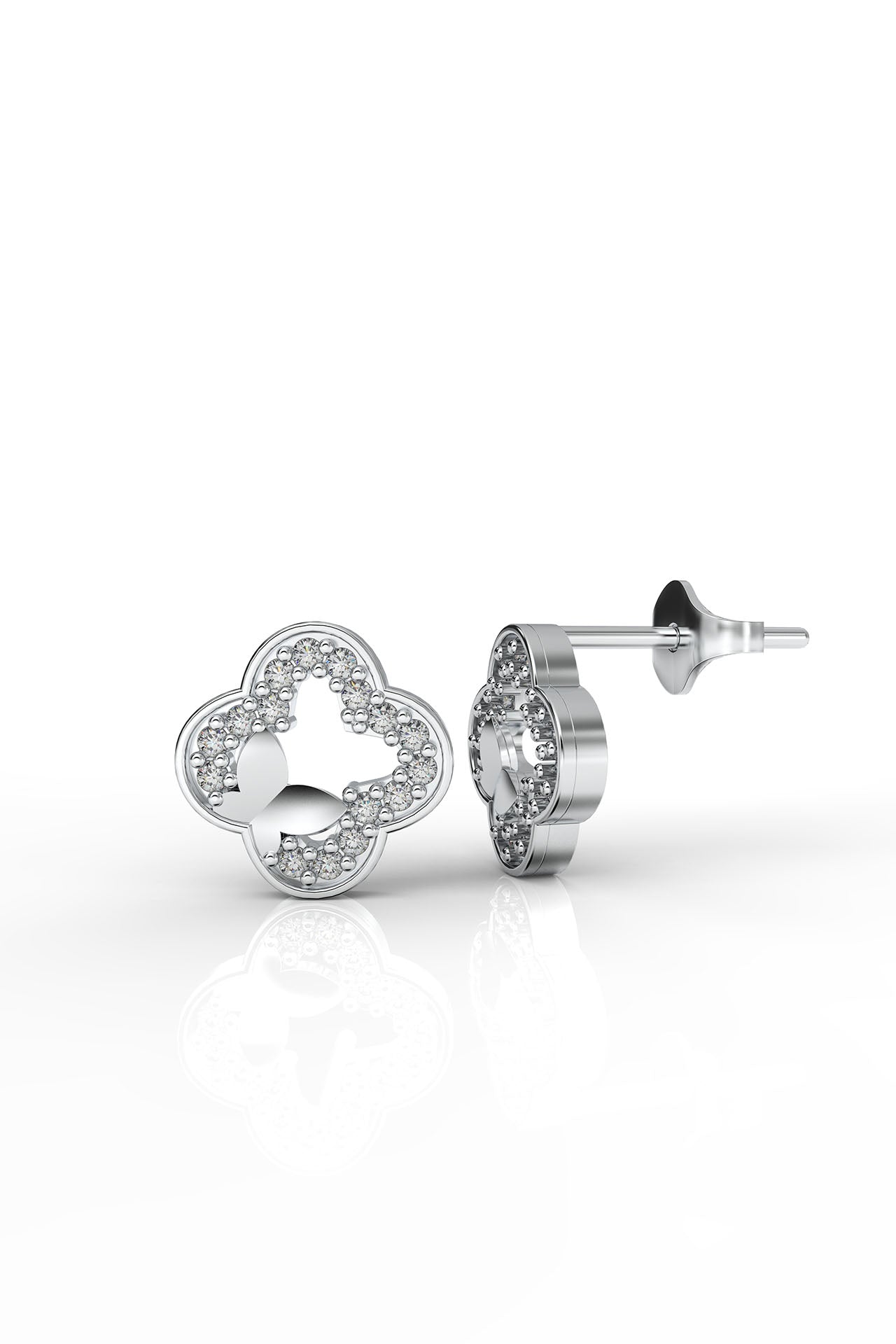 925 Sterling Silver Rhodium Plated Zircon Stone Butterfly Detailed Clover Stud Earrings