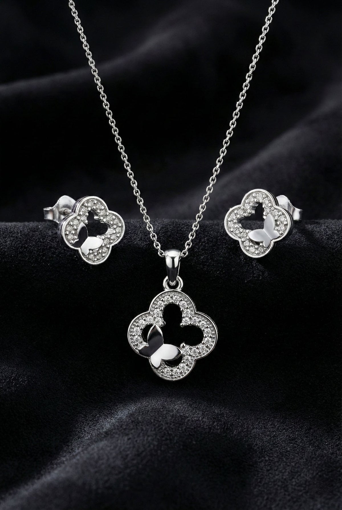 Zircon Butterfly Detail Necklace Earrings Set in 925 sterling silver