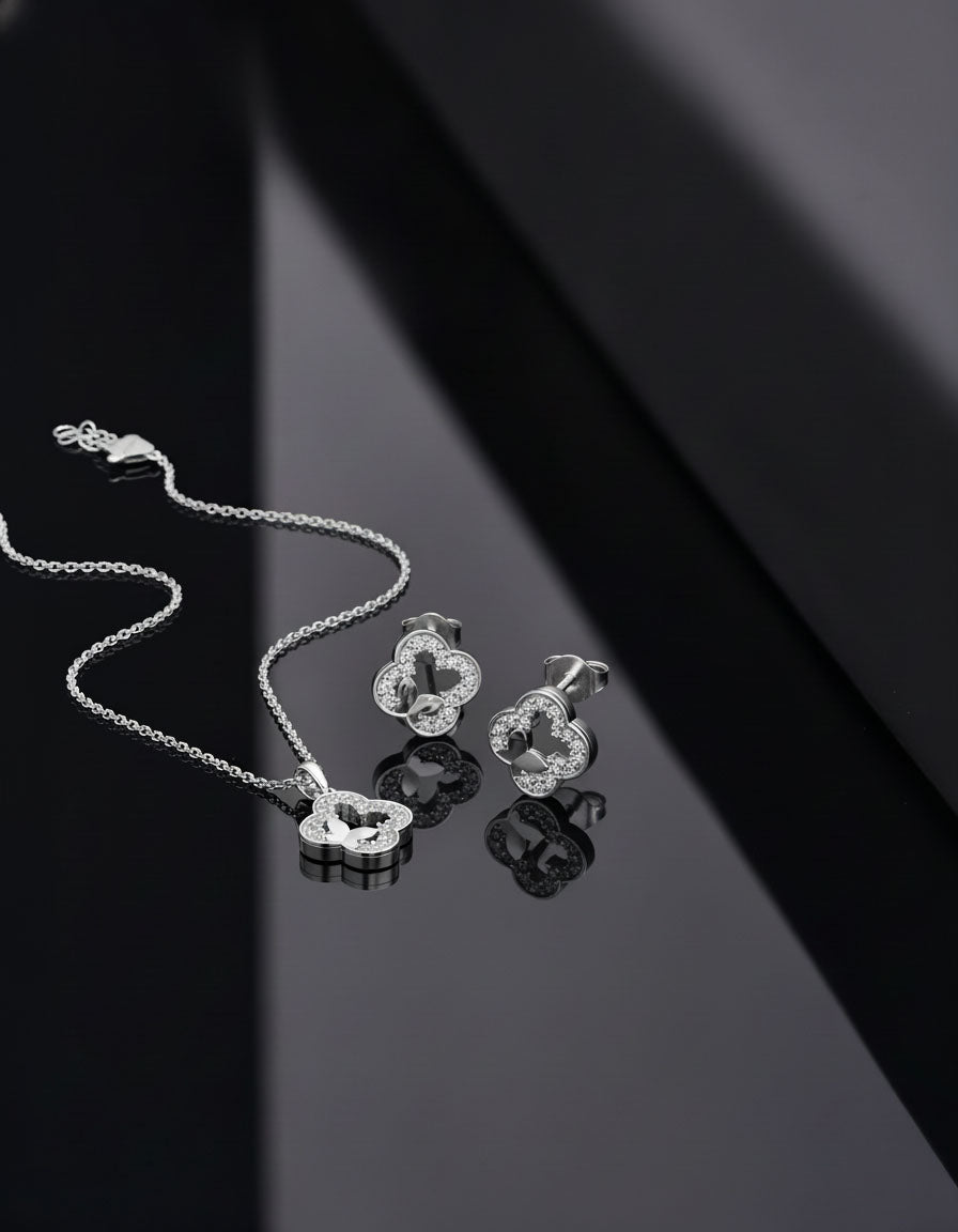 CZ Butterfly Detailed Clover Necklace & Earrings Set Rhodium Plated Silver