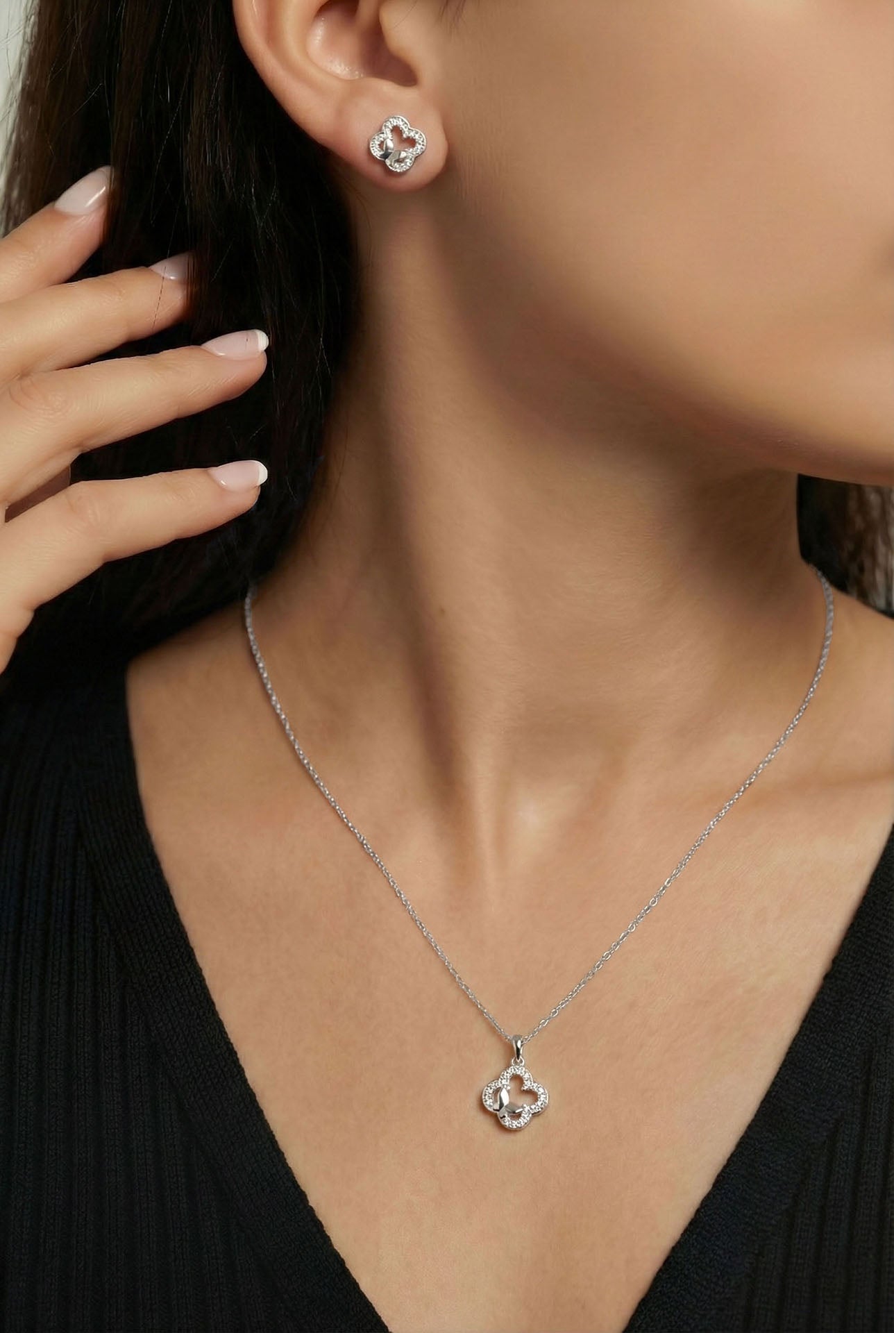 CZ Butterfly Detailed Clover Necklace & Earrings Set Rhodium Plated Silver