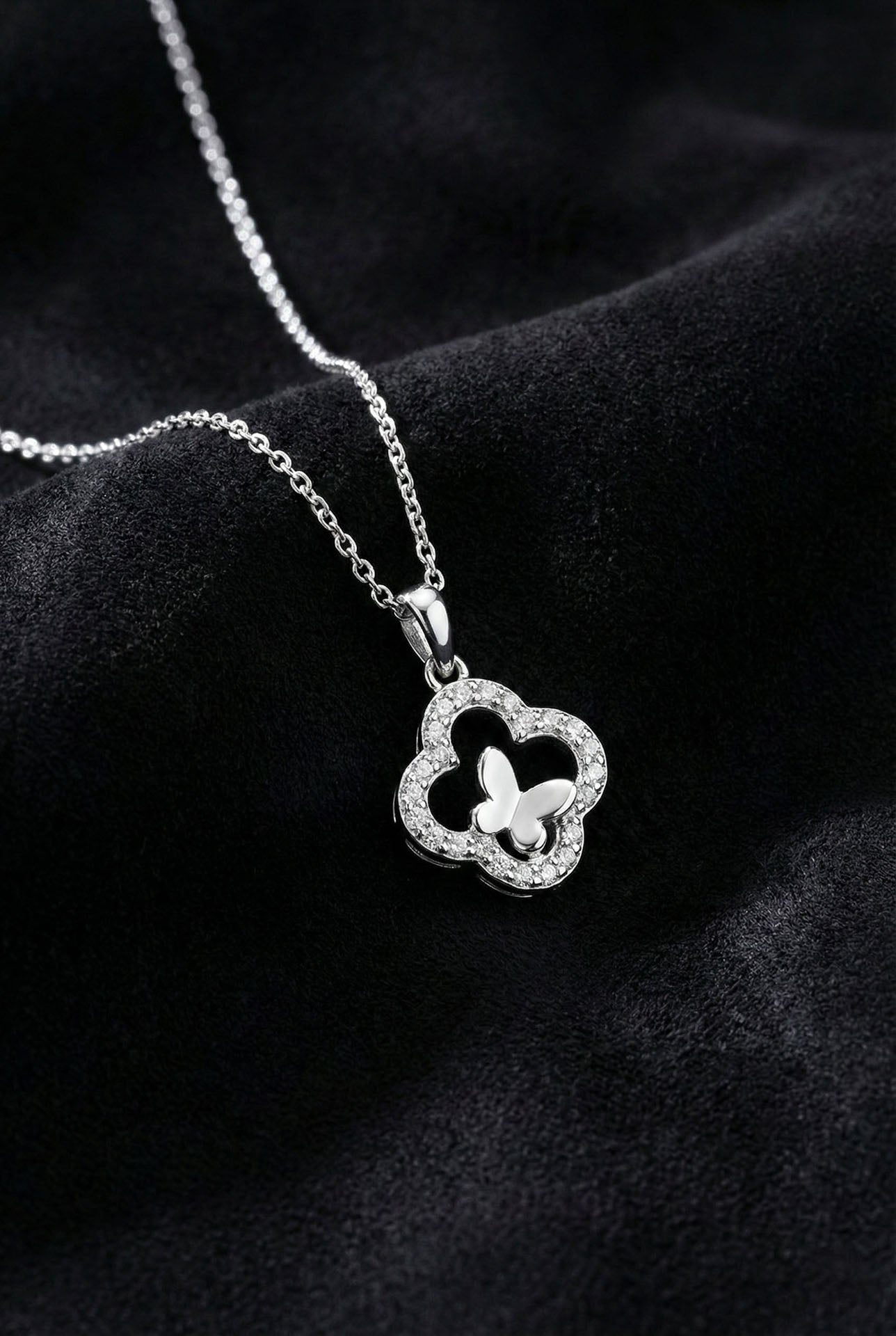CZ Butterfly Detailed Clover Necklace & Earrings Set Rhodium Plated Silver