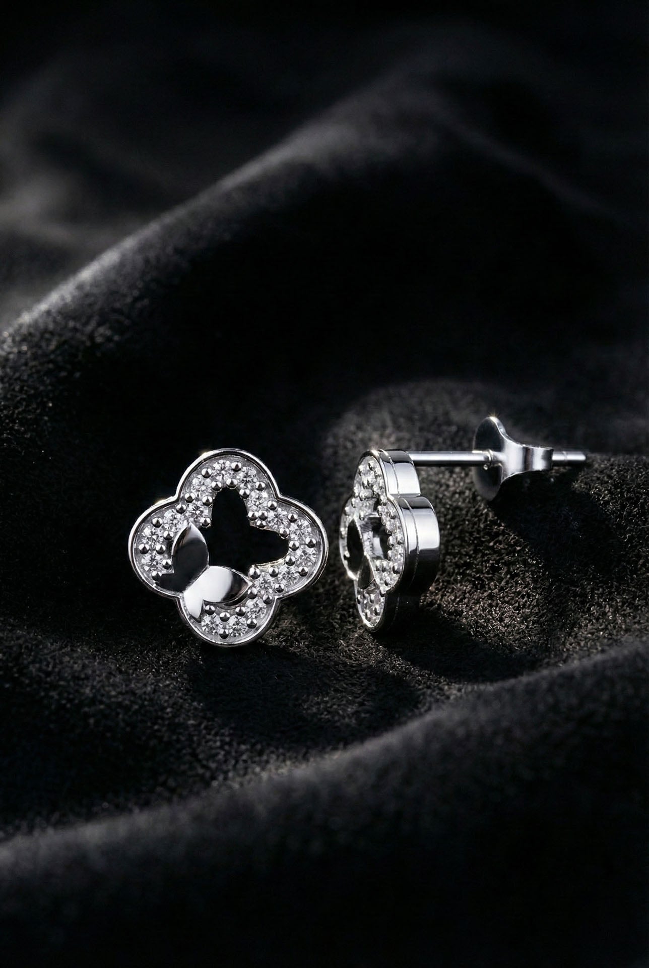 CZ Butterfly Detailed Clover Necklace & Earrings Set Rhodium Plated Silver