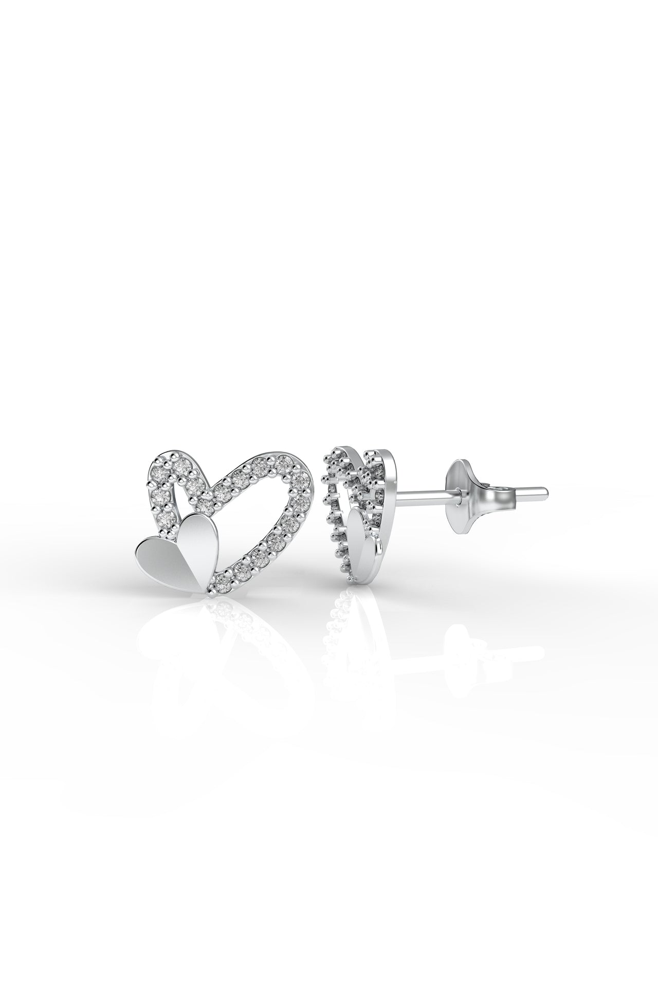 925 Sterling Silver Rhodium Plated Zircon Stone Minimal Asymmetrical Heart Stud Earrings