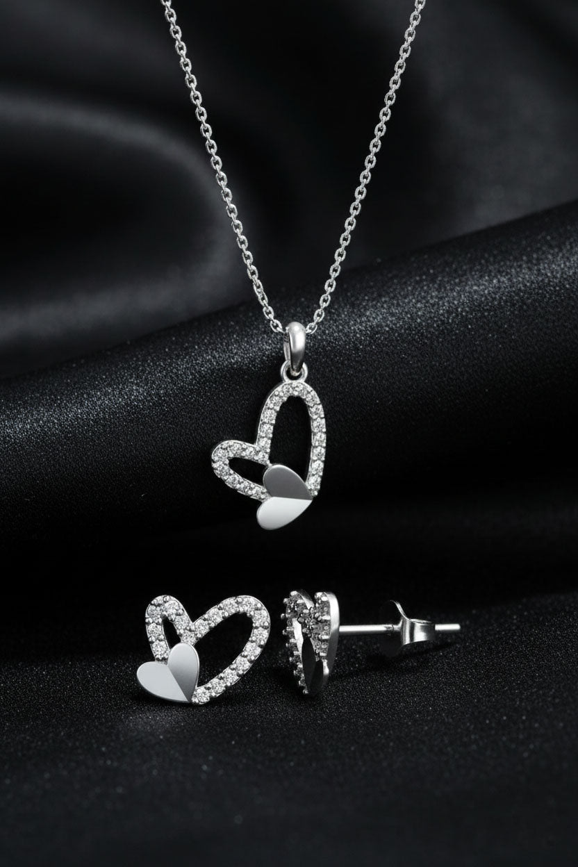 Zircon Asymmetric Heart Necklace & Earrings Set in 925 sterling silver