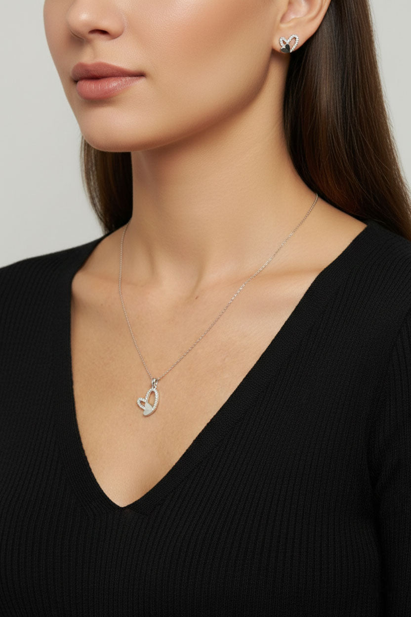 CZ Minimalist Asymmetric Open Heart Necklace & Earrings Set Rhodium Plated Silver – 2-Piece