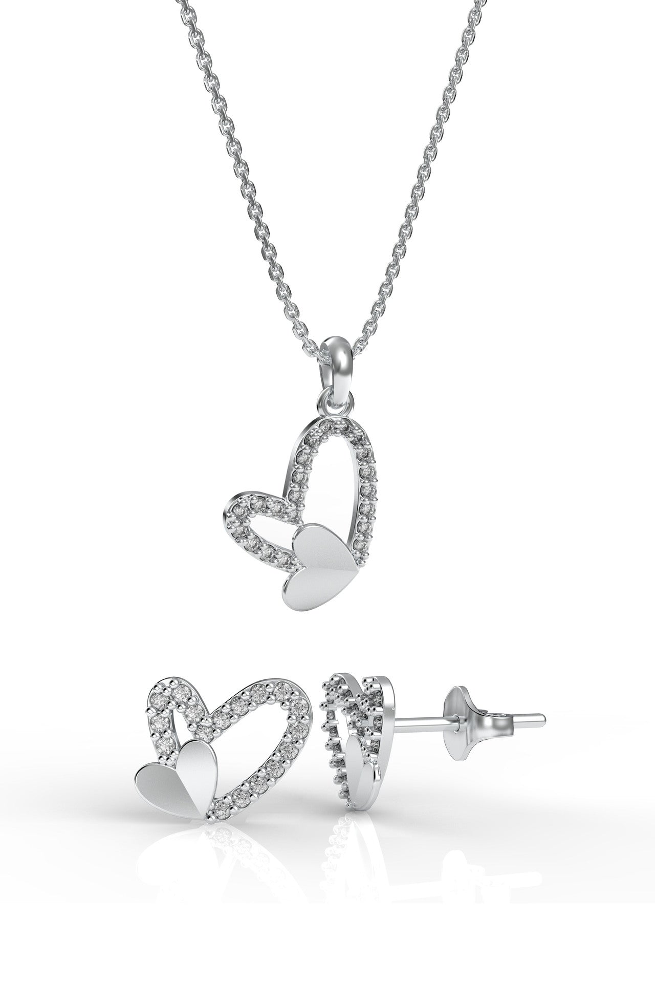 CZ Minimalist Asymmetric Open Heart Necklace & Earrings Set Rhodium Plated Silver – 2-Piece
