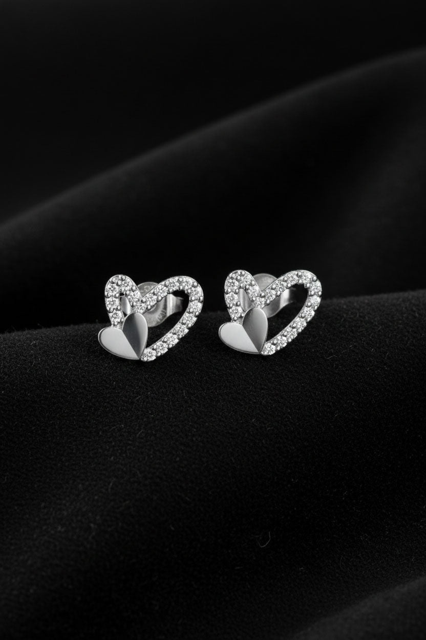 CZ Minimalist Asymmetric Open Heart Necklace & Earrings Set Rhodium Plated Silver – 2-Piece