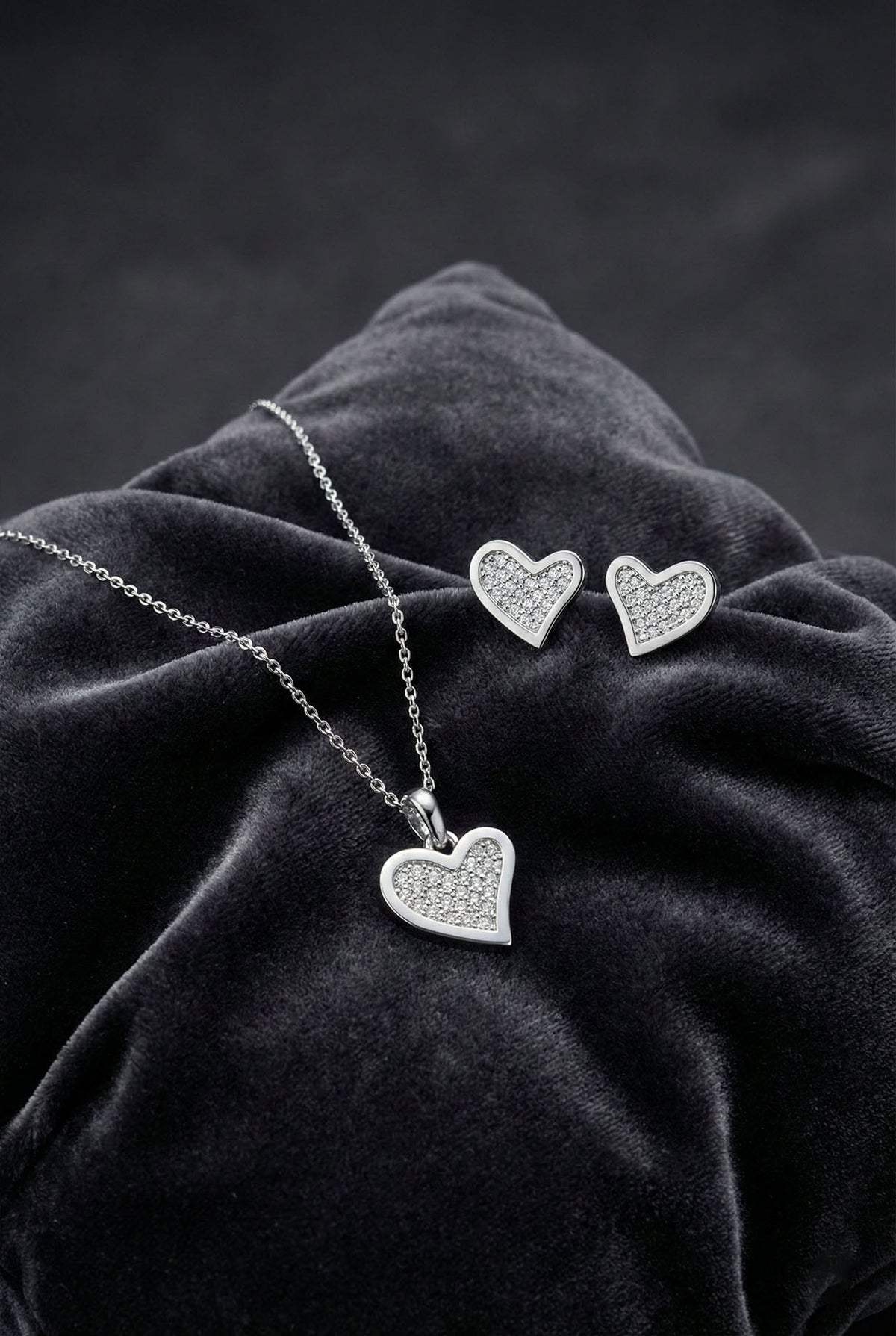Rhodium Zircon Asymmetric Heart Necklace & Earrings Set in 925 sterling silver