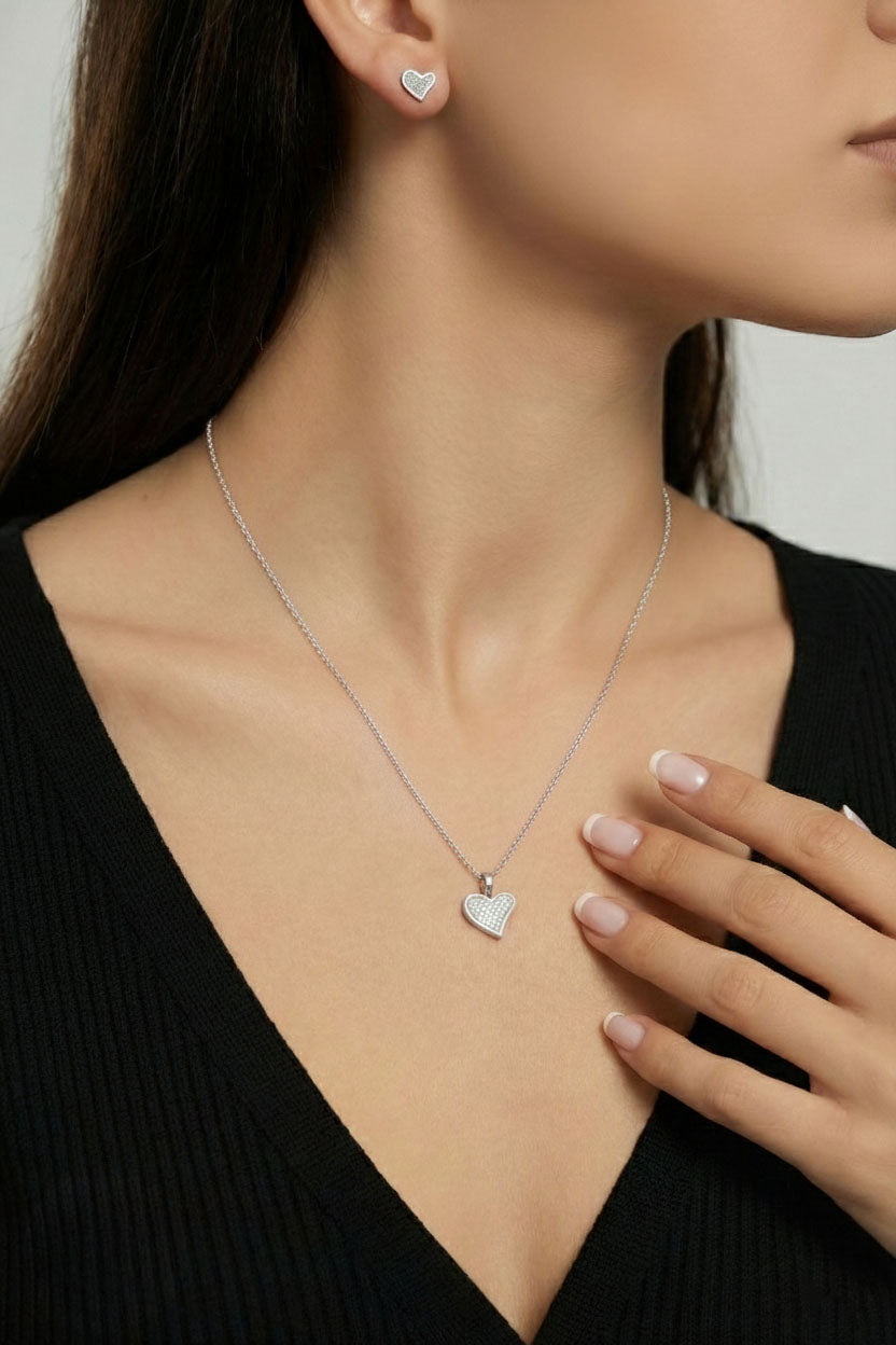 CZ Minimalist Asymmetric Double Heart Necklace & Earrings Set Rhodium Plated Silver – 2-Piece