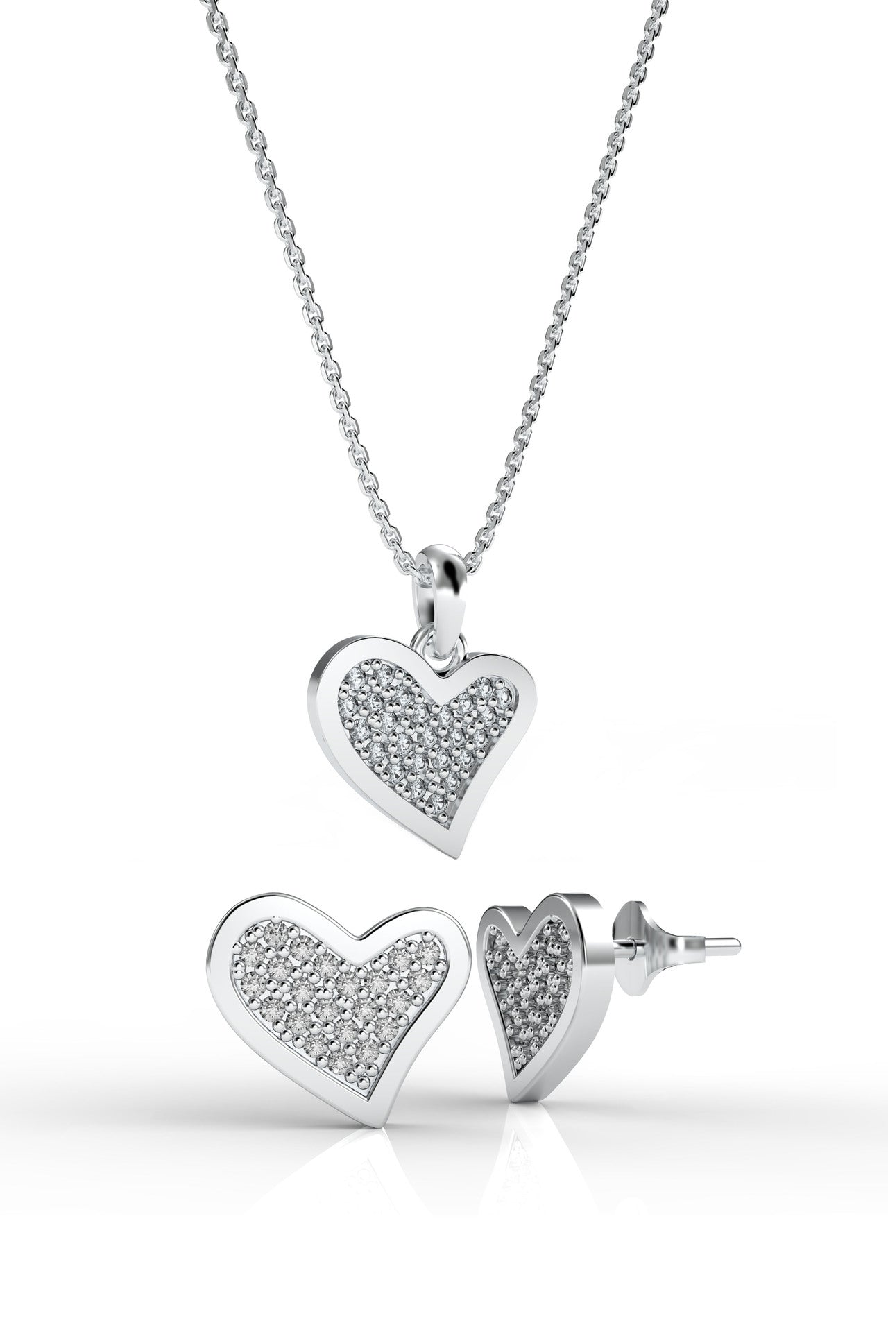 CZ Minimalist Asymmetric Double Heart Necklace & Earrings Set Rhodium Plated Silver – 2-Piece