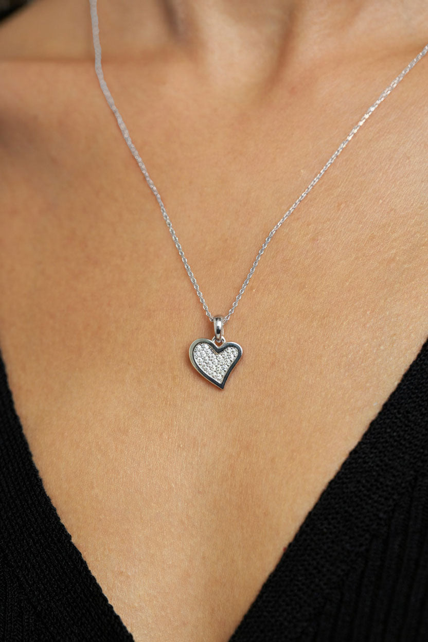 CZ Minimalist Asymmetric Double Heart Necklace & Earrings Set Rhodium Plated Silver – 2-Piece