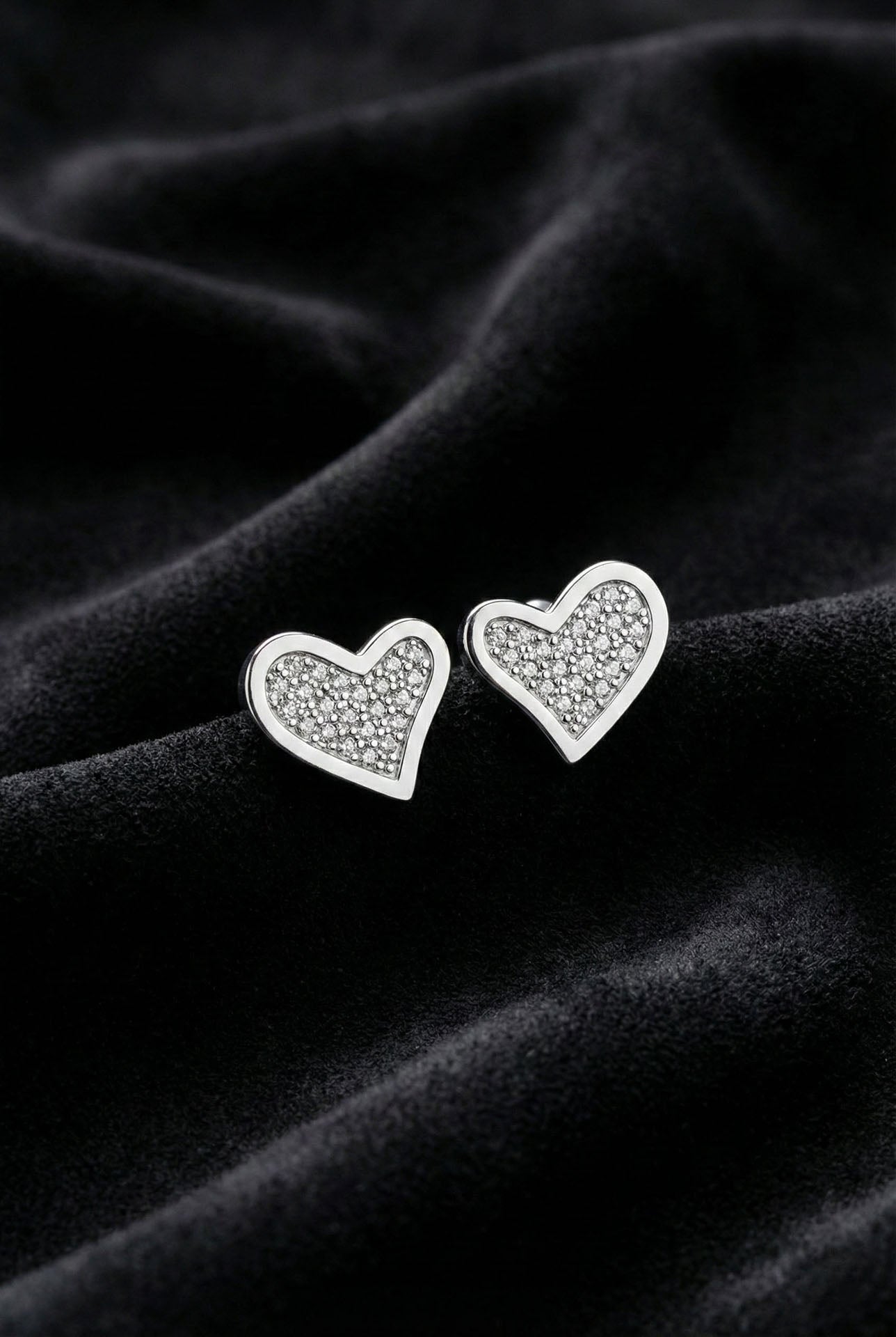 CZ Minimalist Asymmetric Double Heart Necklace & Earrings Set Rhodium Plated Silver – 2-Piece