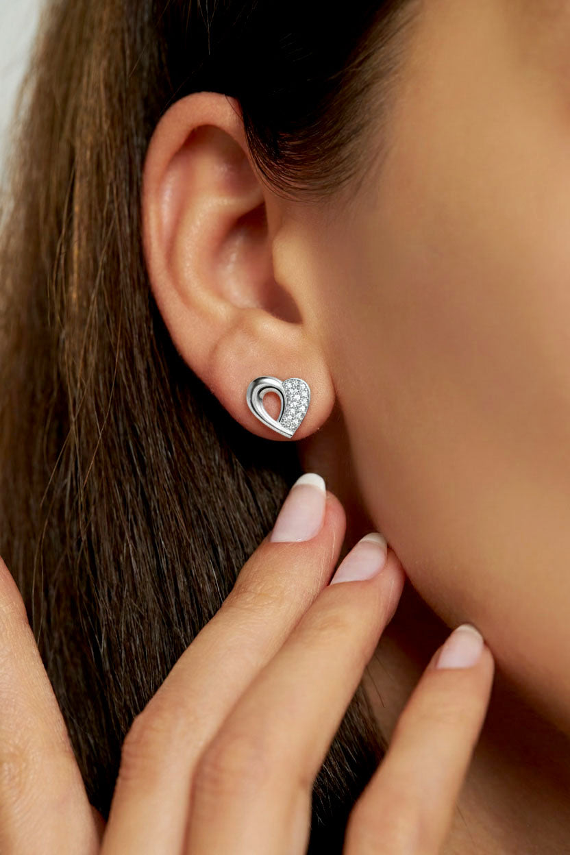 CZ Minimalist Two-Tone Heart Stud Earrings Rhodium Plated Silver