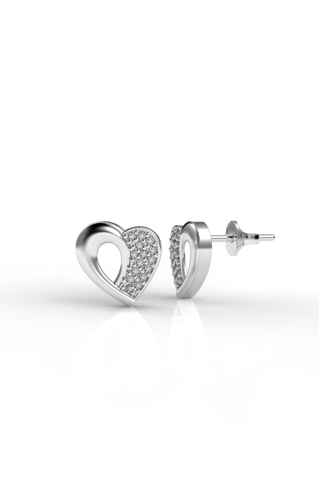 CZ Minimalist Two-Tone Heart Stud Earrings Rhodium Plated Silver