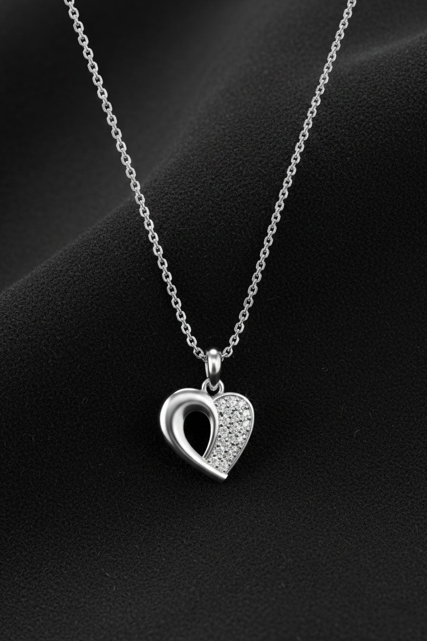 CZ Interlocking Hearts Flower Necklace Rhodium Plated Silver
