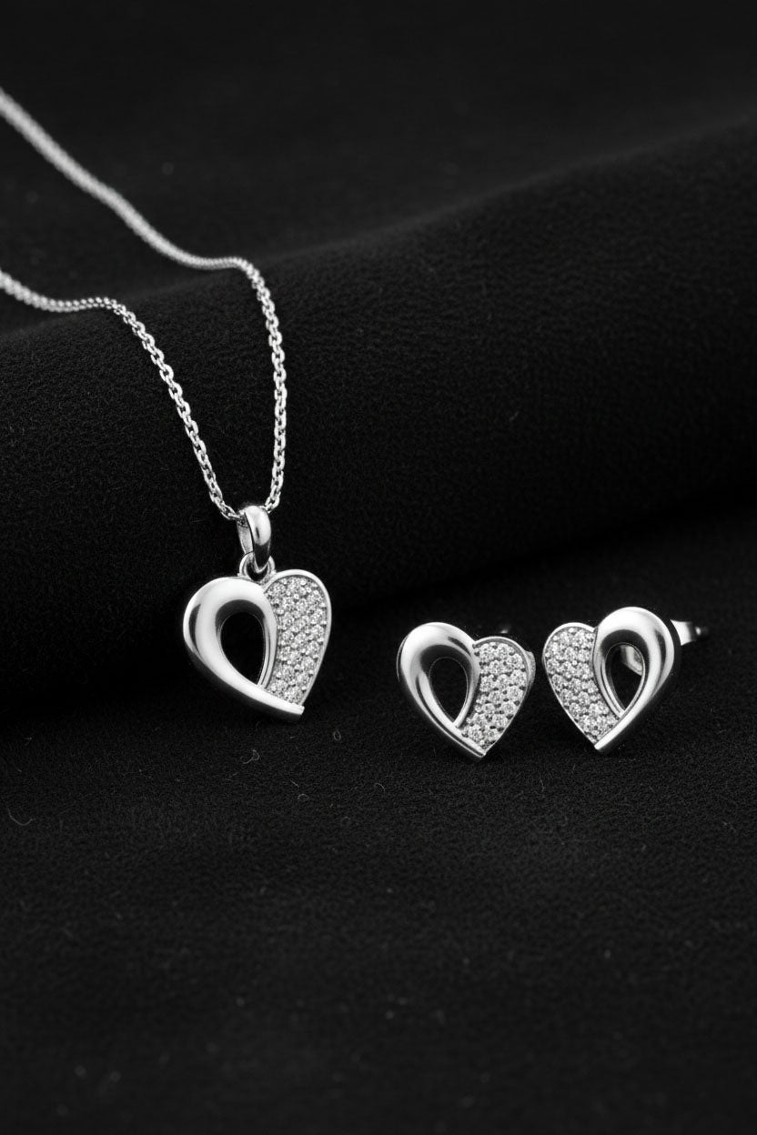 Rhodium Zircon Heart Necklace & Earrings Jewelry Set in 925 sterling silver