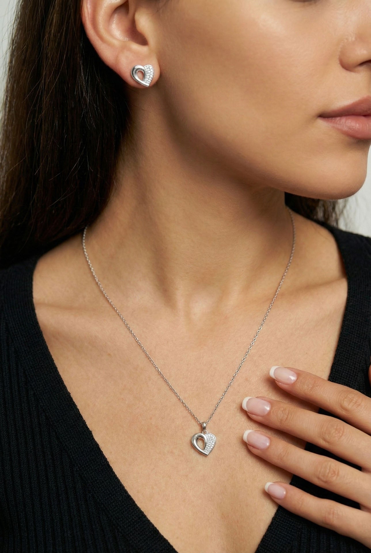 CZ Minimalist Heart Necklace & Earrings Set Rhodium Plated Silver – 2-Piece