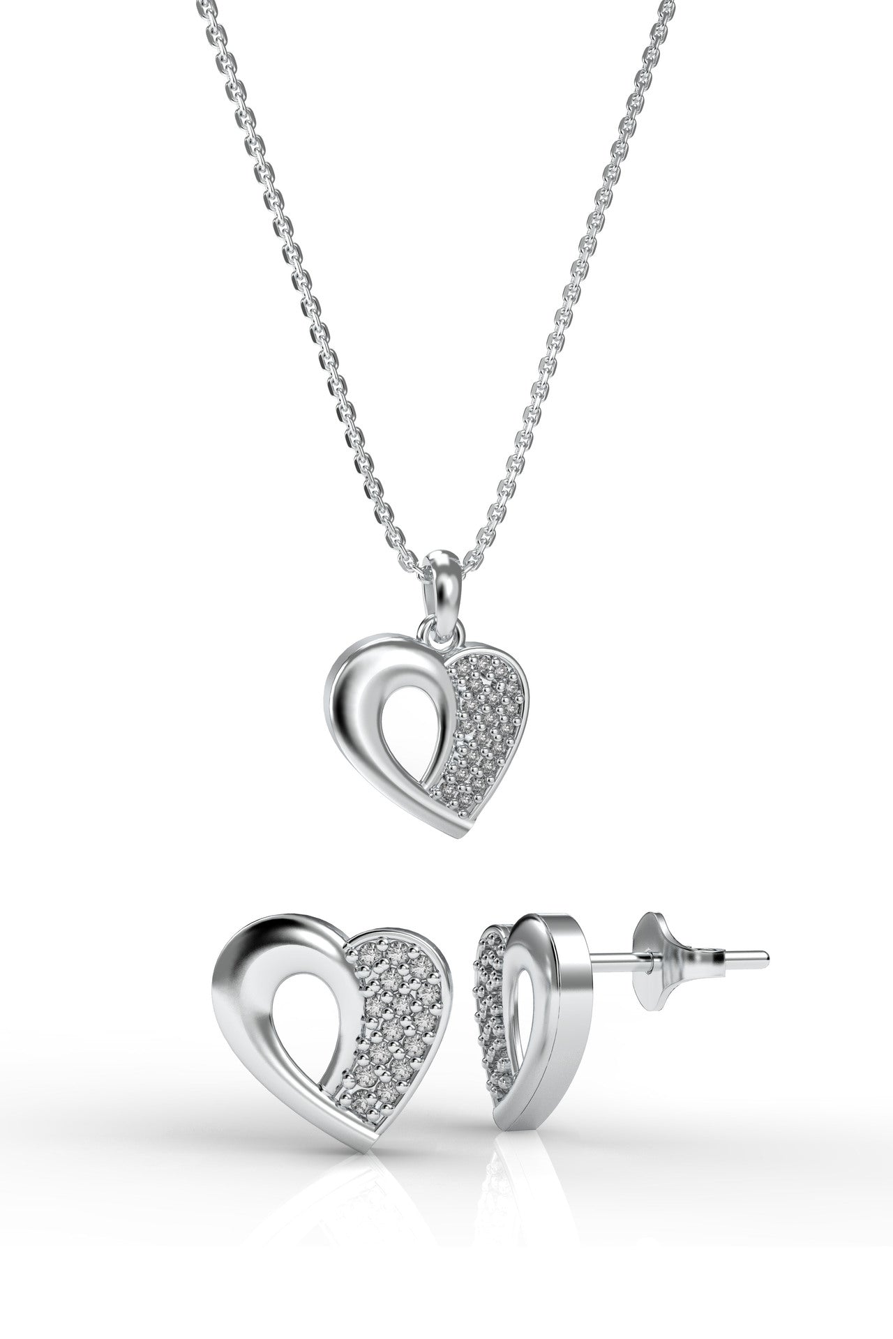 CZ Minimalist Heart Necklace & Earrings Set Rhodium Plated Silver – 2-Piece
