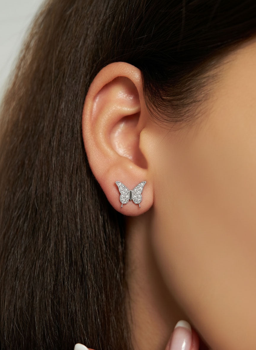CZ Minimalist Butterfly Stud Earrings Rhodium Plated Silver
