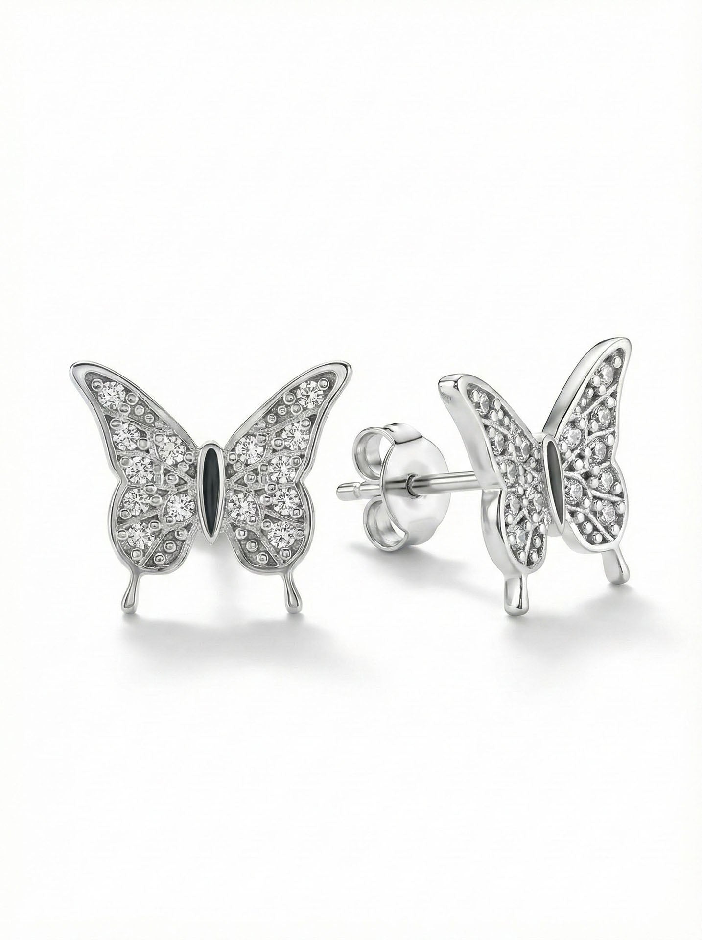 CZ Minimalist Butterfly Stud Earrings Rhodium Plated Silver