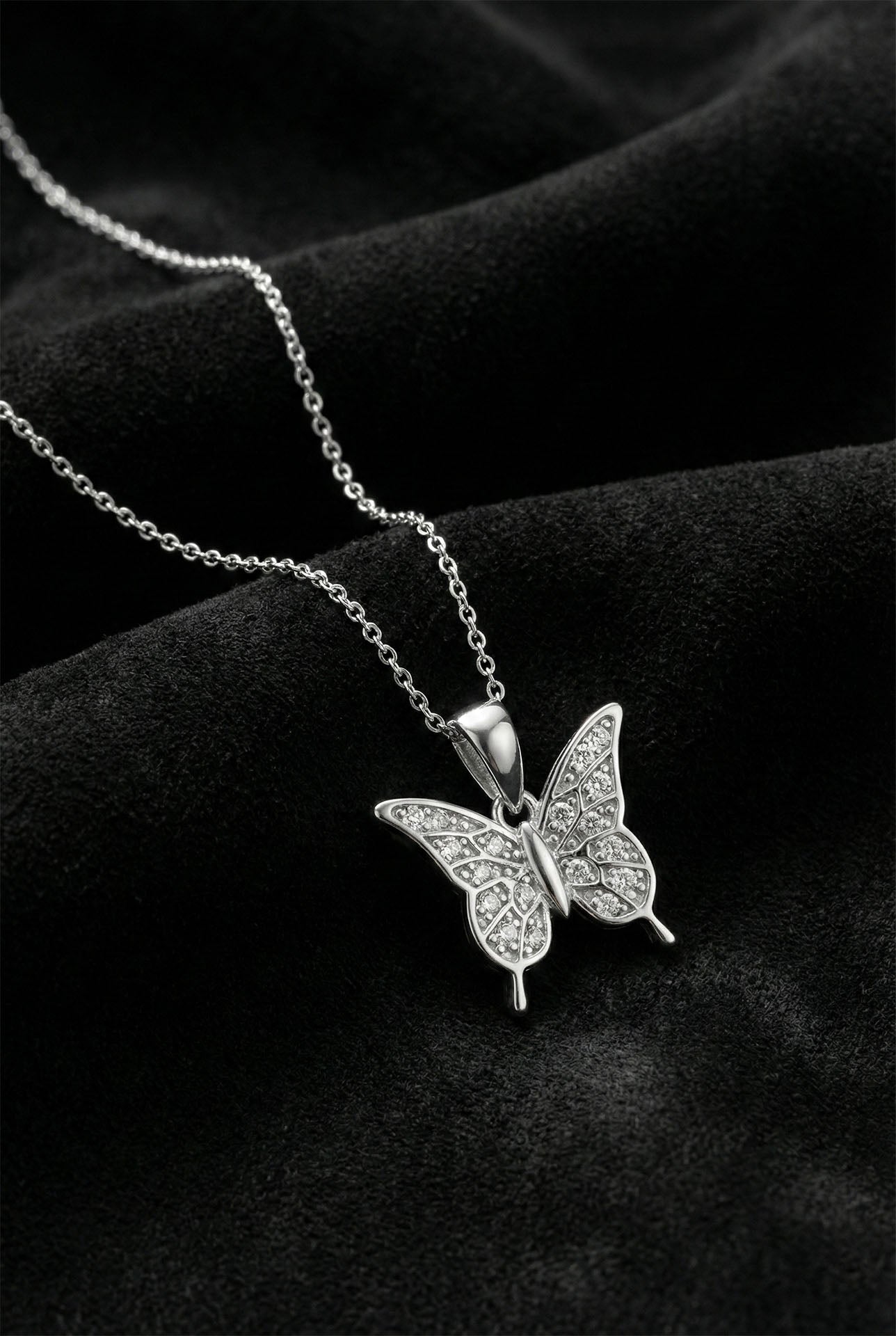 925 Sterling Silver Rhodium Plated Zircon Stone Minimal Butterfly Necklace