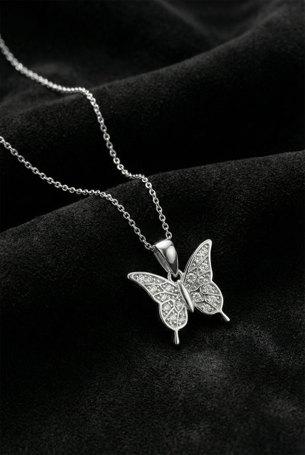 925 Sterling Silver Rhodium Plated Zircon Stone Minimal Butterfly Necklace