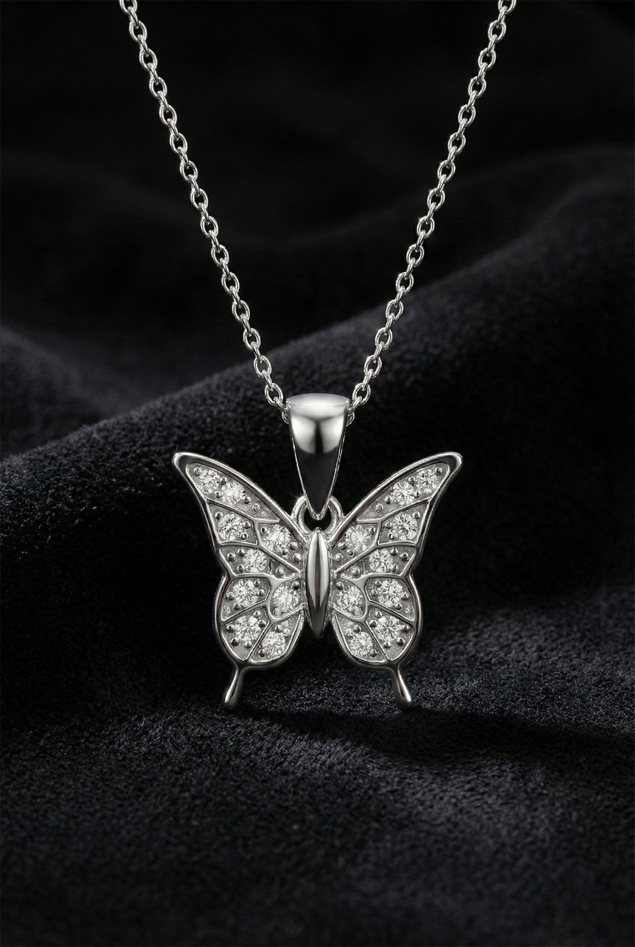 CZ Minimalist Butterfly Necklace Rhodium Plated Silver