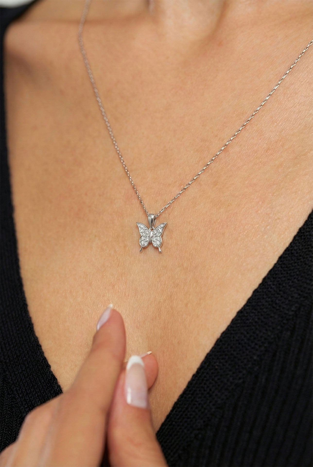 CZ Minimalist Butterfly Necklace & Earrings Set Rhodium Plated Silver