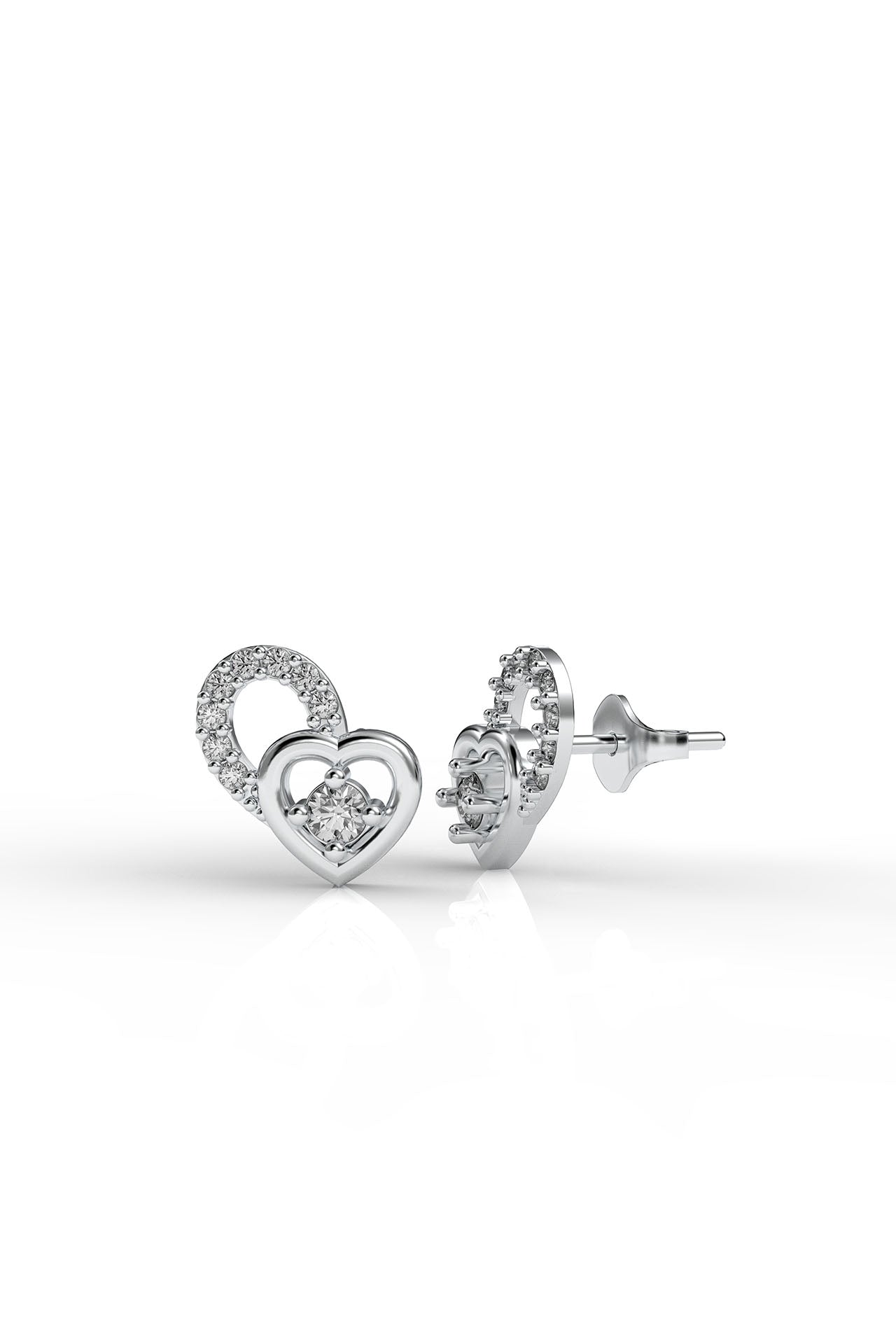 CZ Minimalist Solitaire Heart Stud Earrings Rhodium Plated Silver