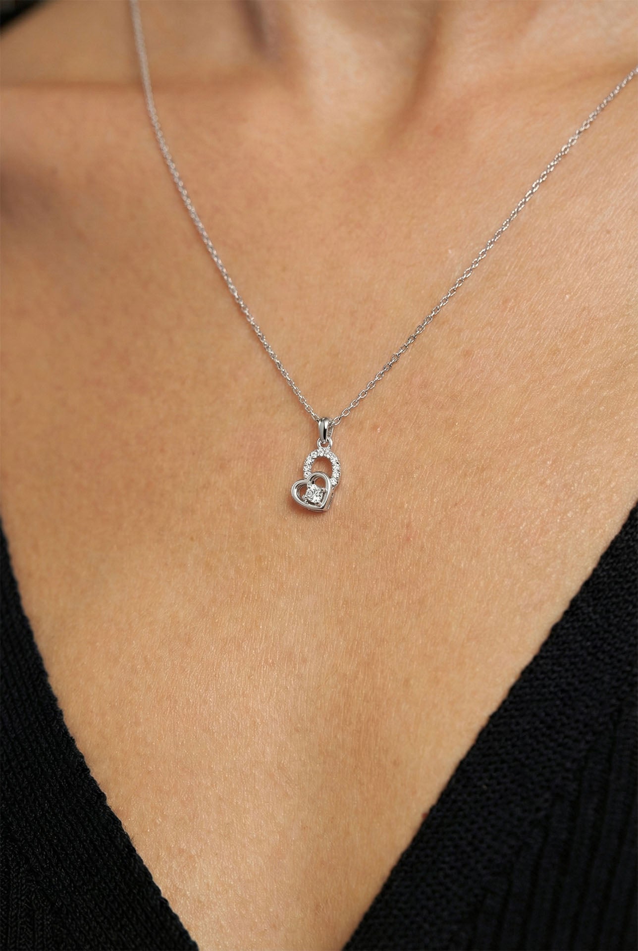 CZ Minimalist Pave Asymmetric Heart Necklace Rhodium Plated Silver