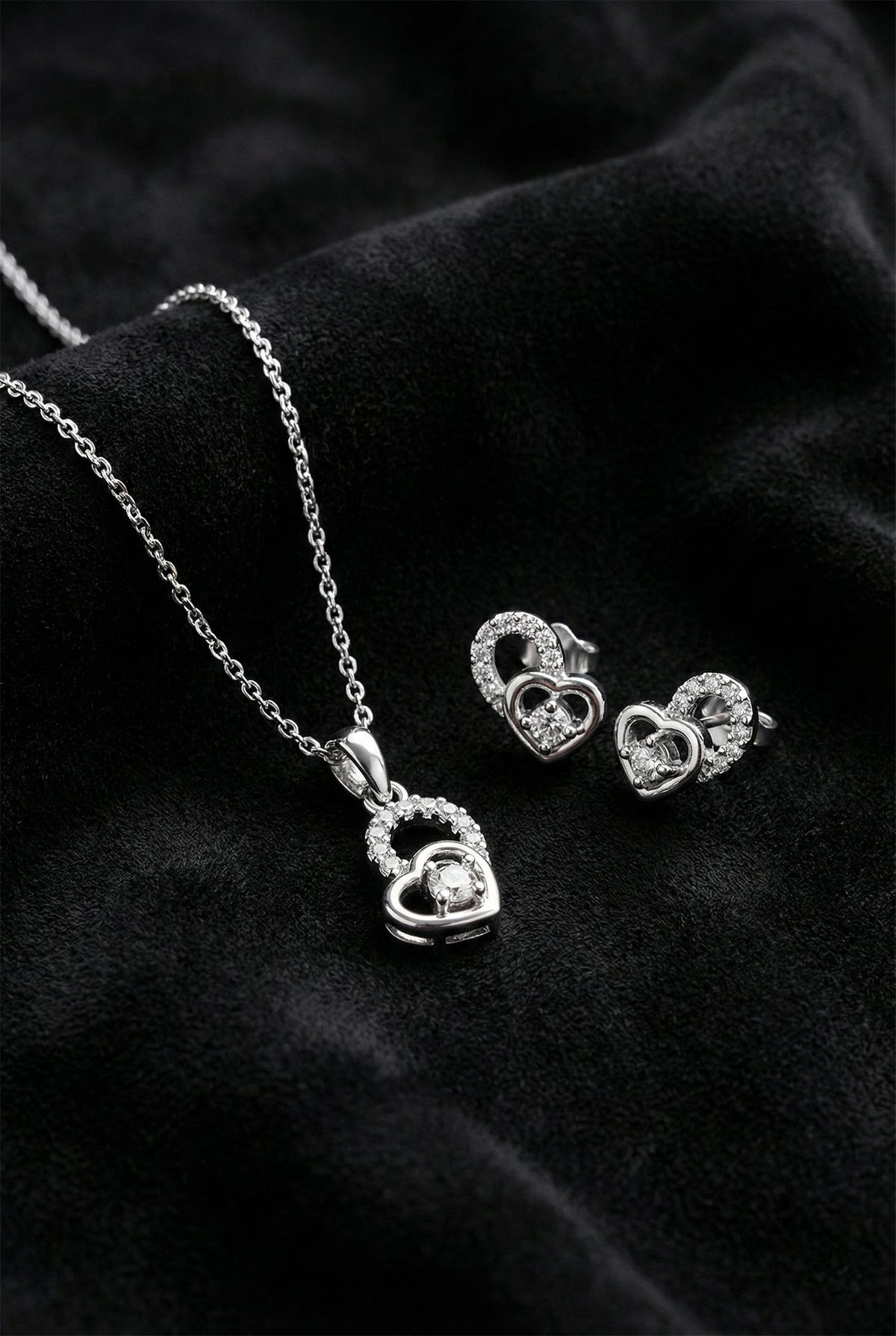 Zircon Solitaire Heart Necklace & Earrings Set in 925 sterling silver