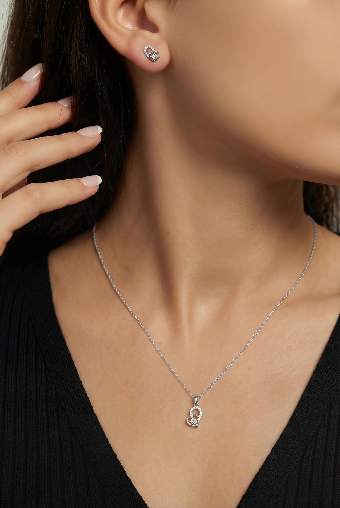 CZ Minimalist Solitaire Heart Necklace & Earrings Set Rhodium Plated Silver