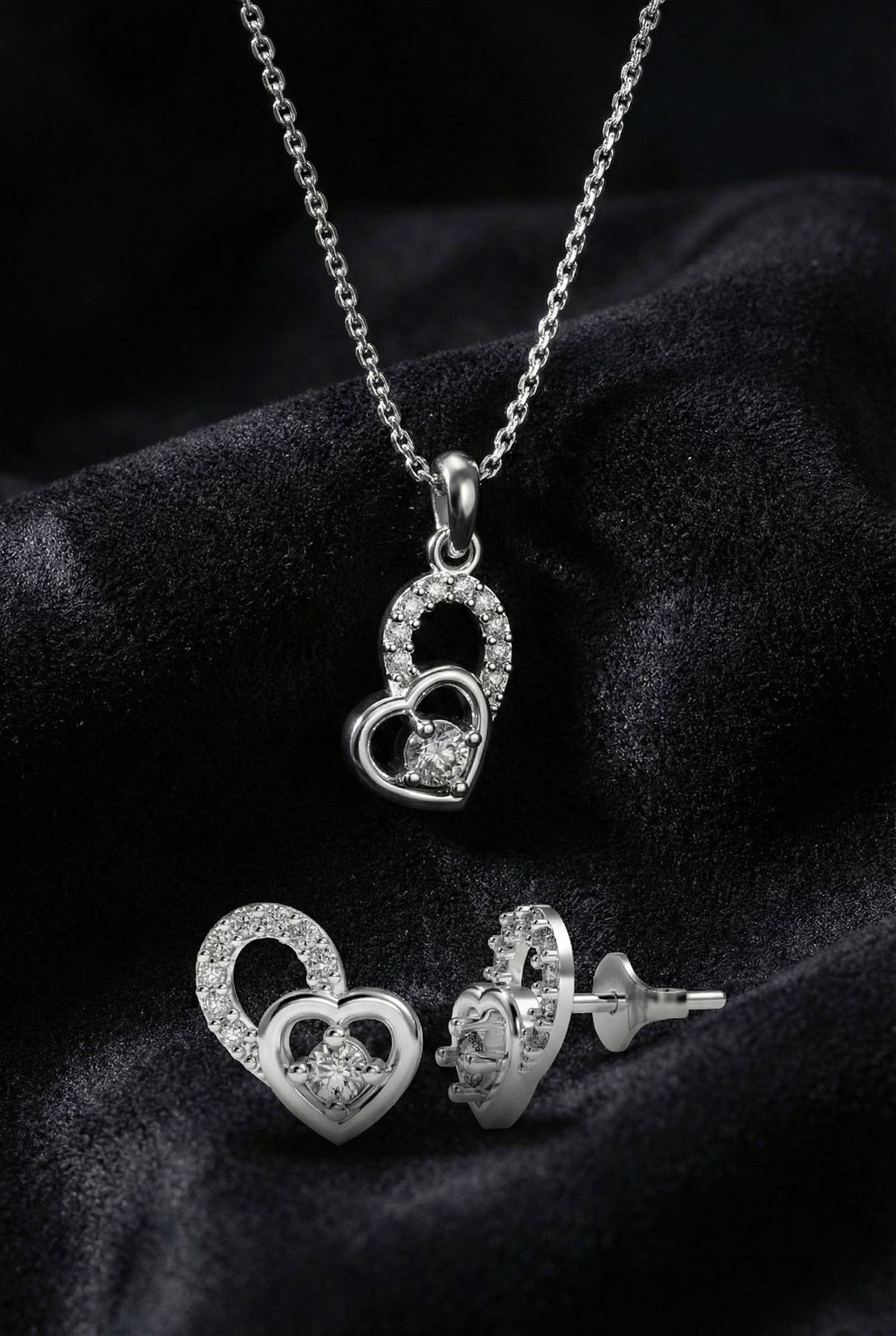 Zircon Solitaire Heart Necklace & Earrings Set in 925 sterling silver - view 3
