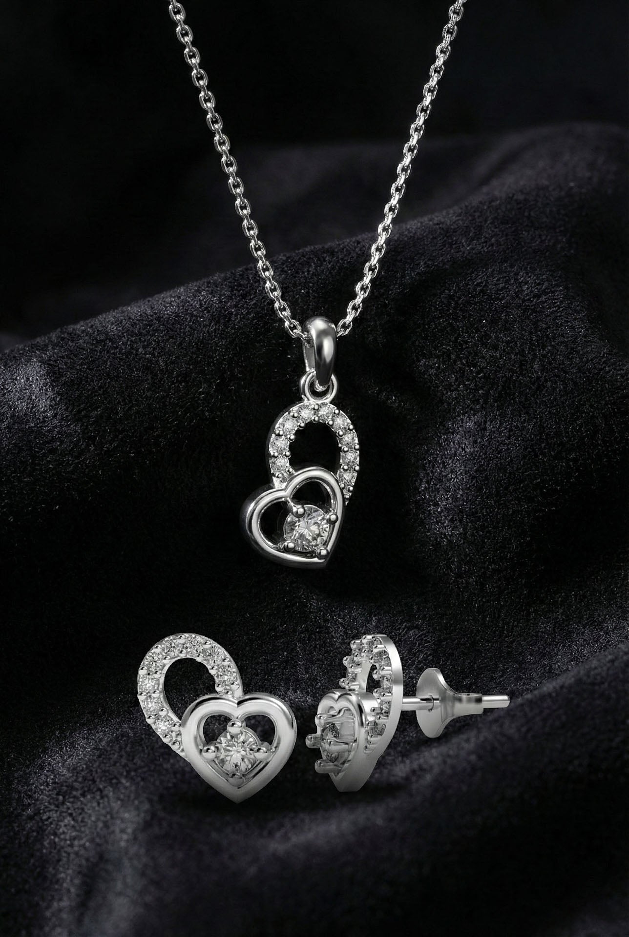 CZ Minimalist Solitaire Heart Necklace & Earrings Set Rhodium Plated Silver