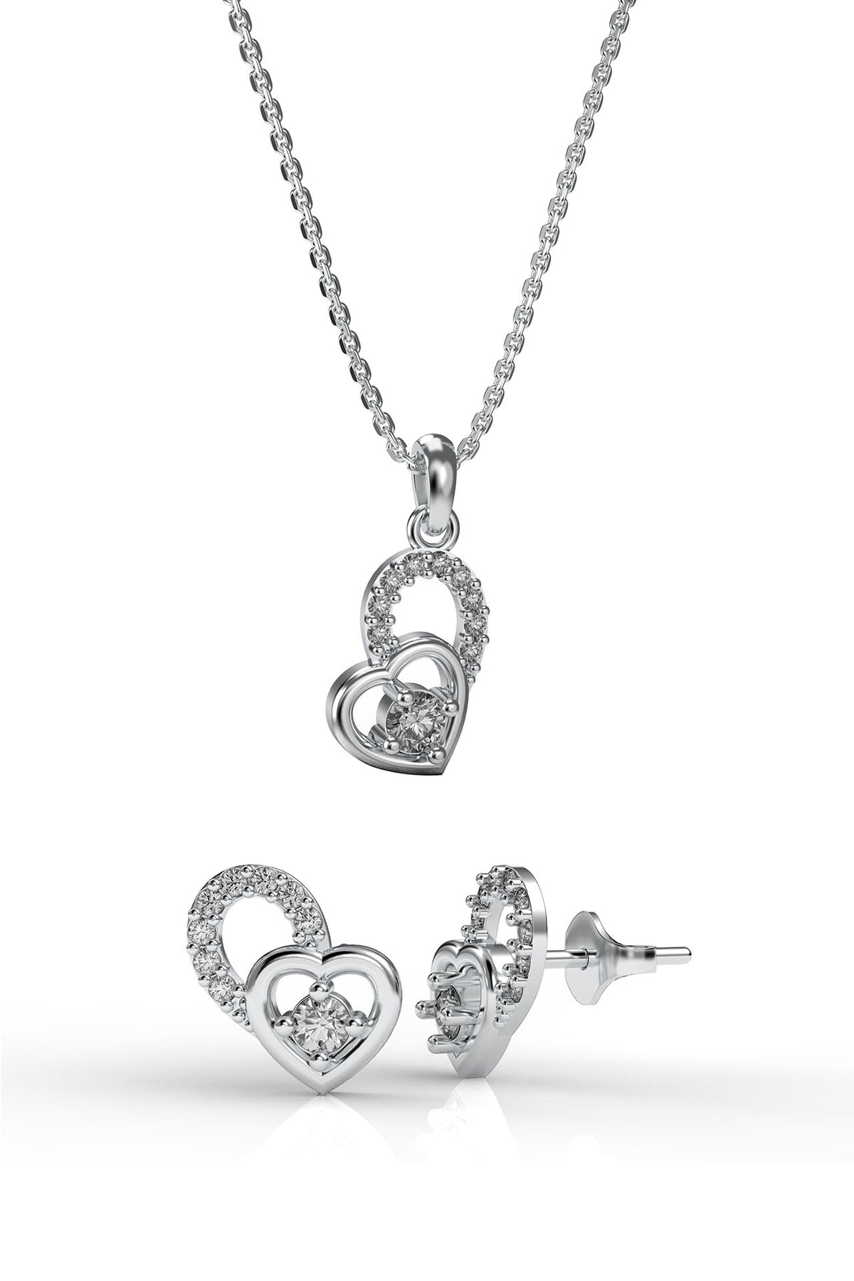 Zircon Solitaire Heart Necklace & Earrings Set in 925 sterling silver - view 4
