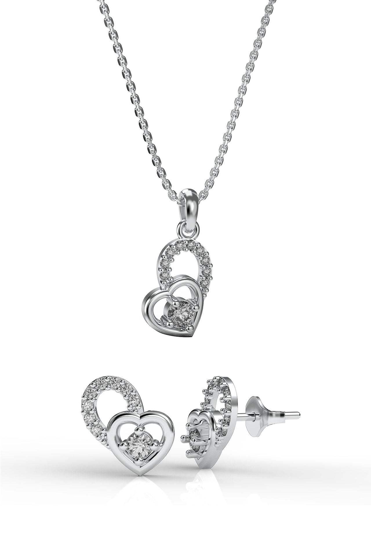 CZ Minimalist Solitaire Heart Necklace & Earrings Set Rhodium Plated Silver