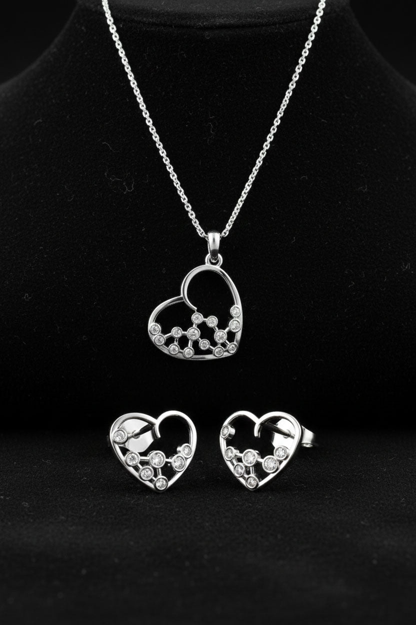 CZ Minimalist Star Heart Necklace & Earrings Set Rhodium Plated Silver