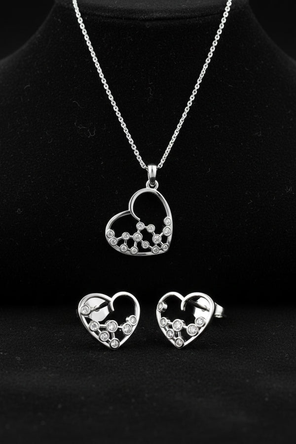 CZ Minimalist Star Heart Necklace & Earrings Set Rhodium Plated Silver