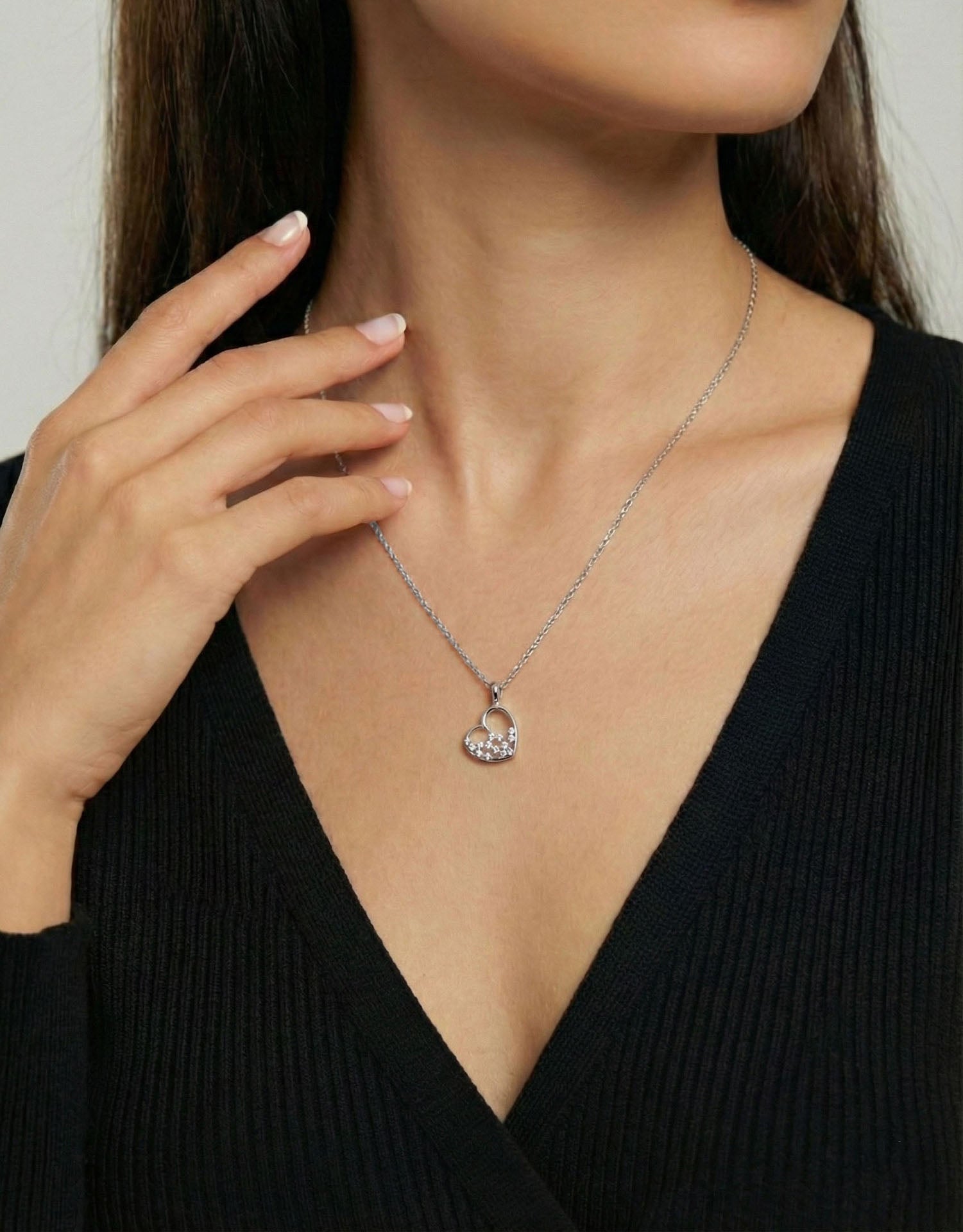 CZ Minimalist Star Heart Necklace & Earrings Set Rhodium Plated Silver